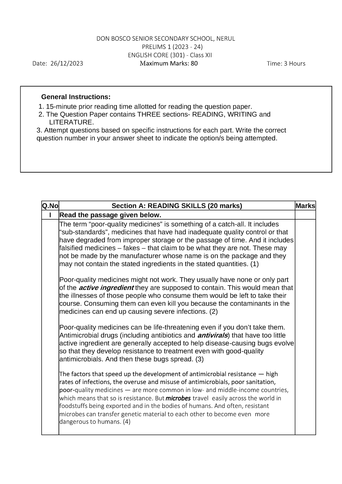 English Practice Paper DEC 2023 - General Instructions: Q Section A ...