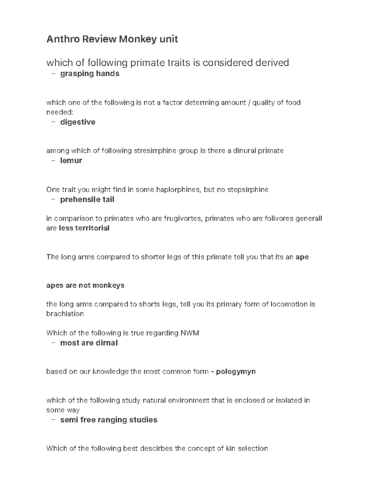 Anthro Review Primate unit - – – – – – – Anthro Review Monkey unit ...