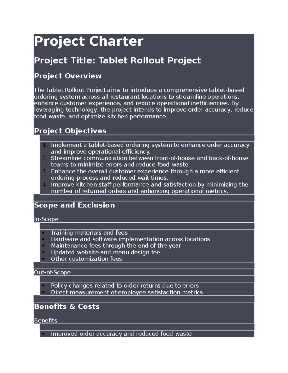 Project Charter - Tablet Rollout Project - Project Charter Project 