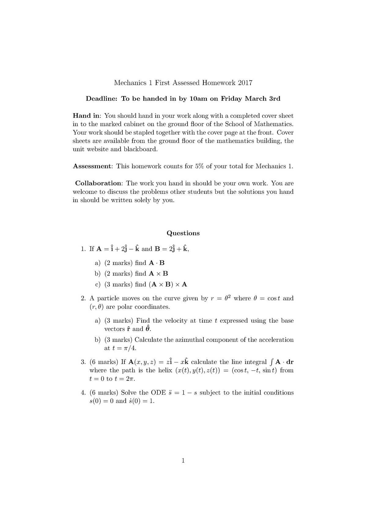 Math 16 17 Assignment 1 Mechanics First Assessed Homework 17 Deadline Studocu
