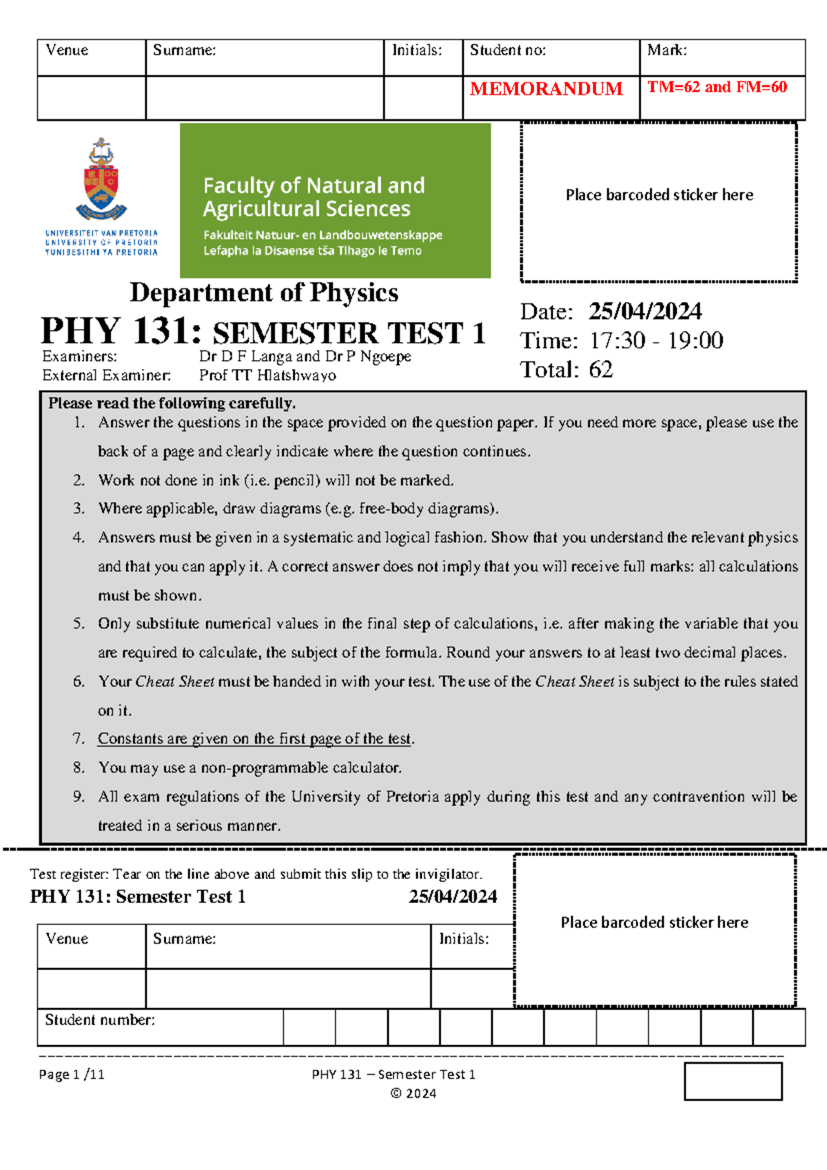 PHY 131 Semester Test 1- 2024-MEMO-with marking guide - - Studocu