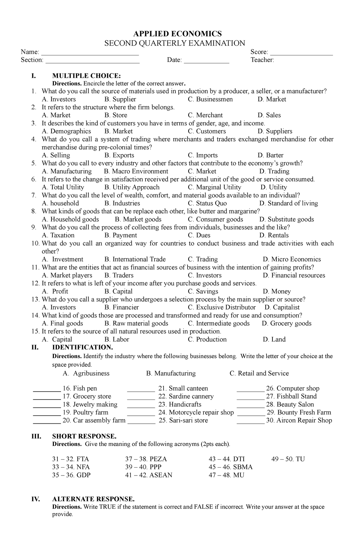 2nd periodic exam applied economics - APPLIED ECONOMICS SECOND ...