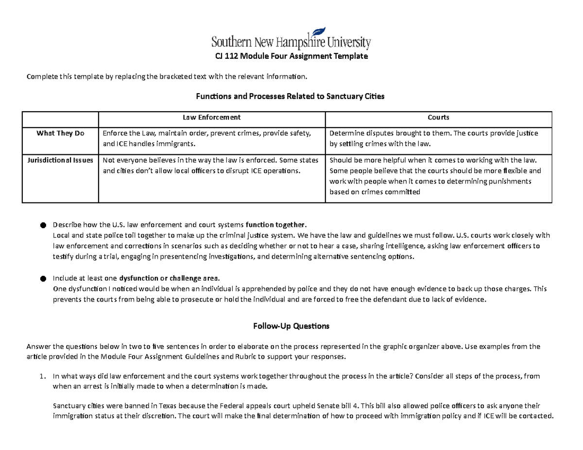 CJ 112 Module Four Assignment - Functions and Processes Related to ...