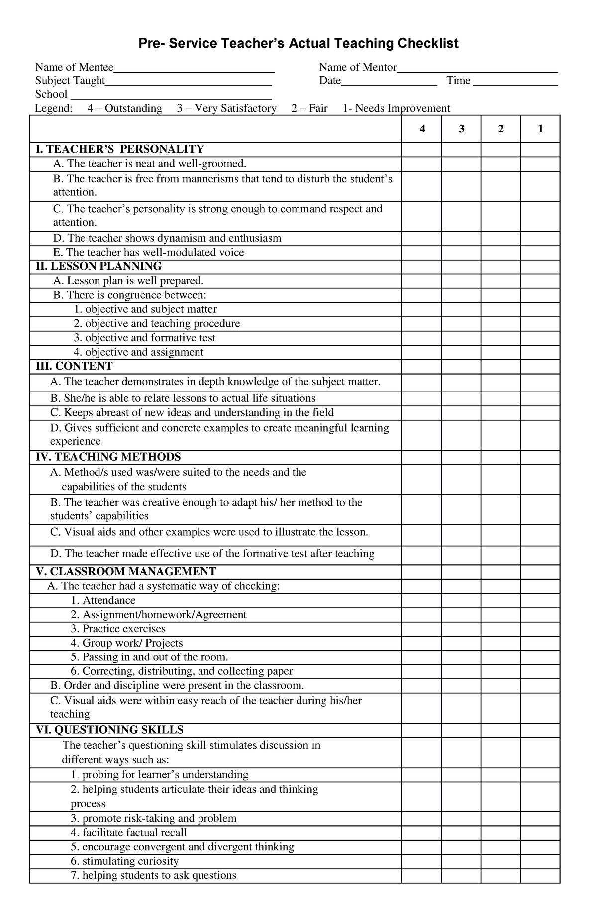 Pre service teacher actual teaching checklist Final - Pre- Service ...