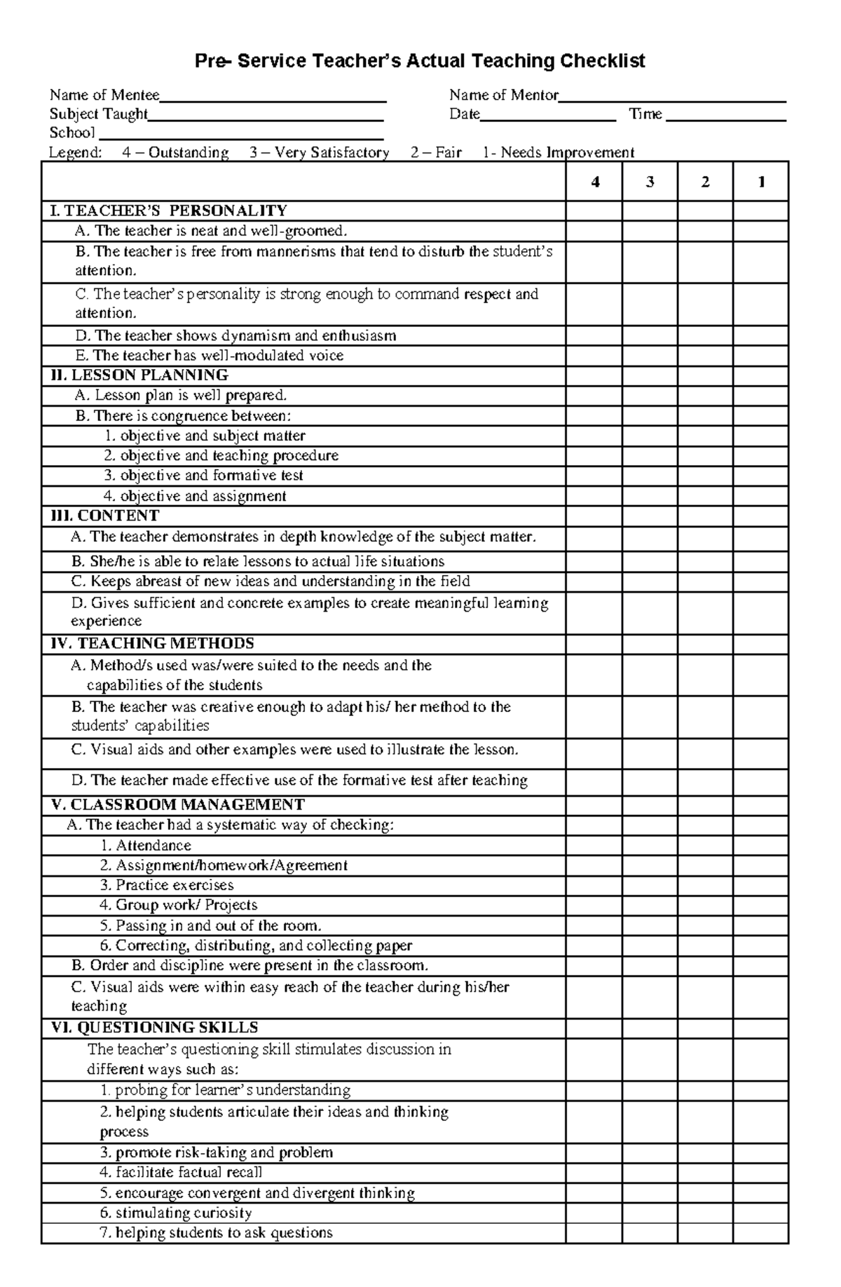 Pre Service Teacher Actual Teaching Checklist Final Pre Service 