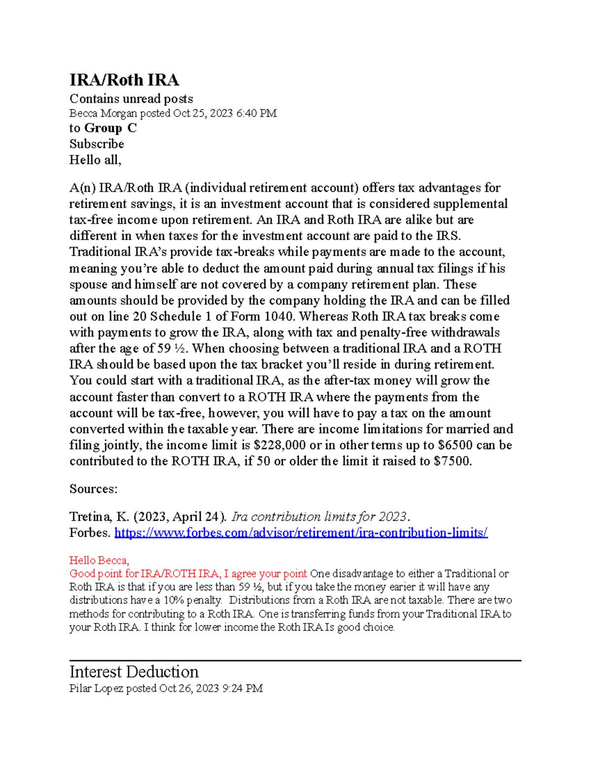Week 6 DQ Reply - IRA/Roth IRA Contains unread posts Becca Morgan ...