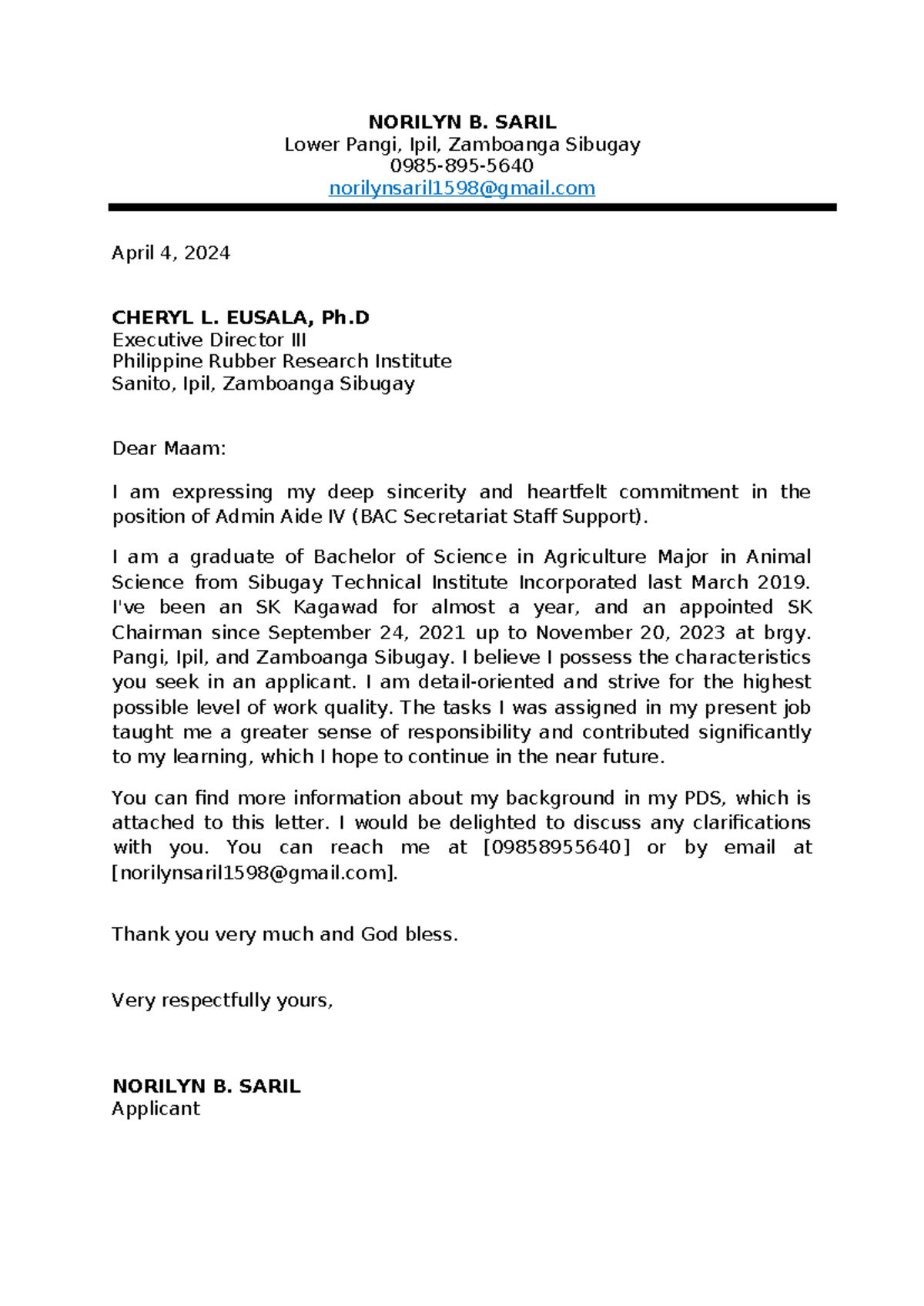 Application letter 23 - NORILYN B. SARIL Lower Pangi, Ipil, Zamboanga ...