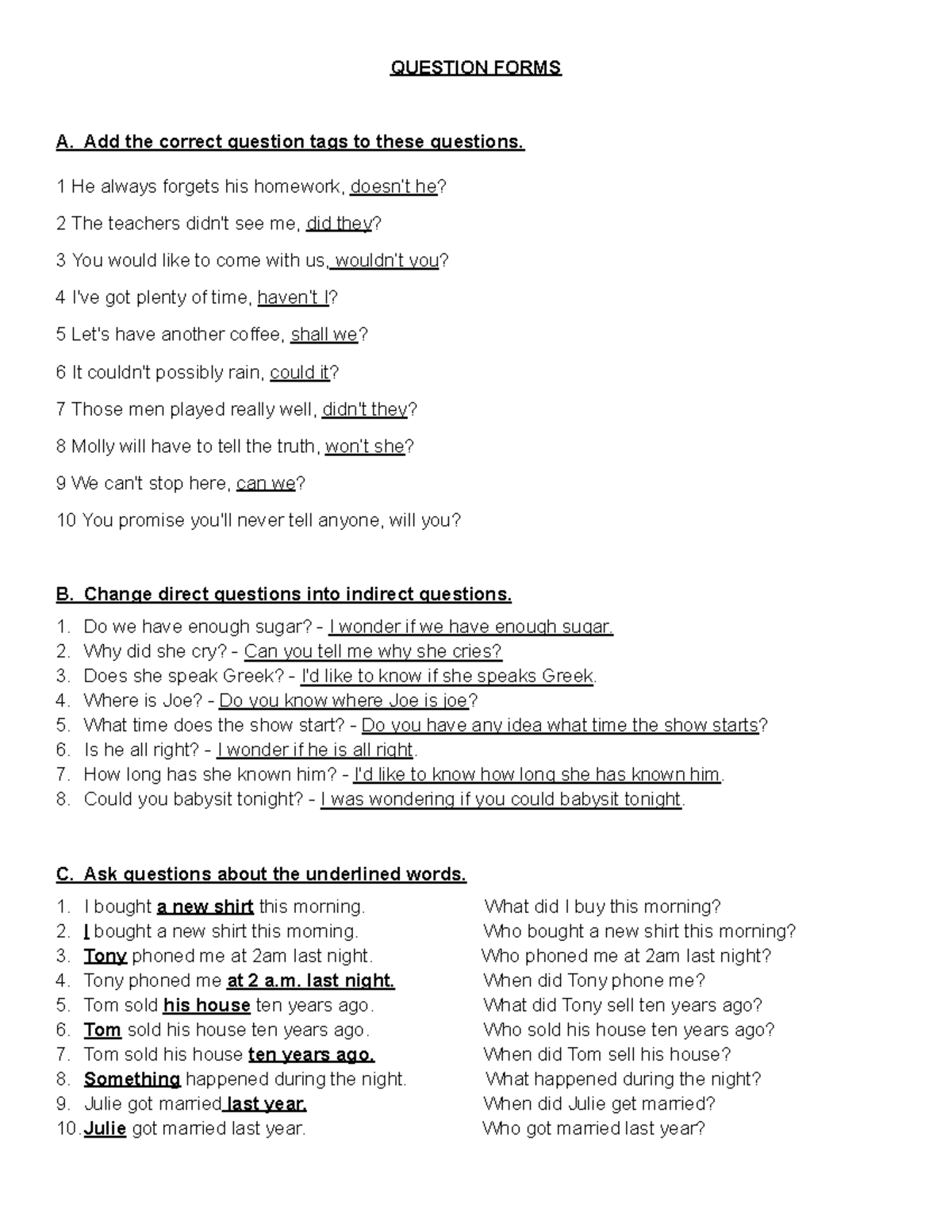 Question Forms - QUESTION FORMS A. Add the correct question tags to ...