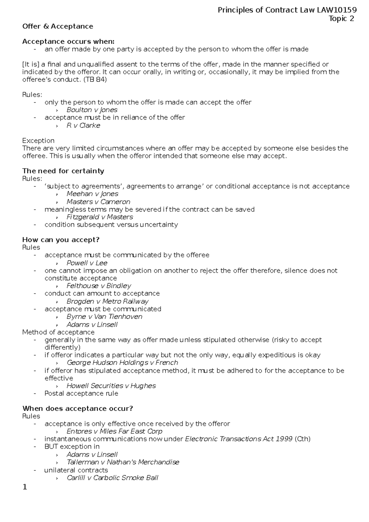 Topic 2 Offer Acceptance Law10159 Principles Of Contract Law Studocu