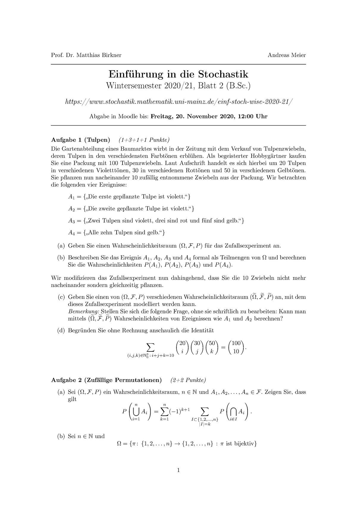 Blatt 02 BSc - Prof. Dr. Matthias Birkner Andreas Meier Einführung In ...