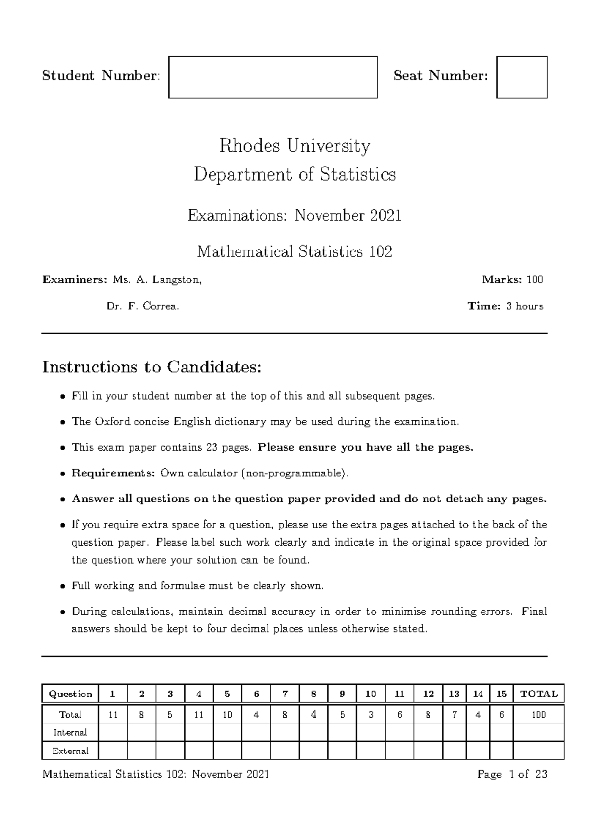 202111 Stats 102 Mathematical Statistics Nov 2021 - Student Number ...