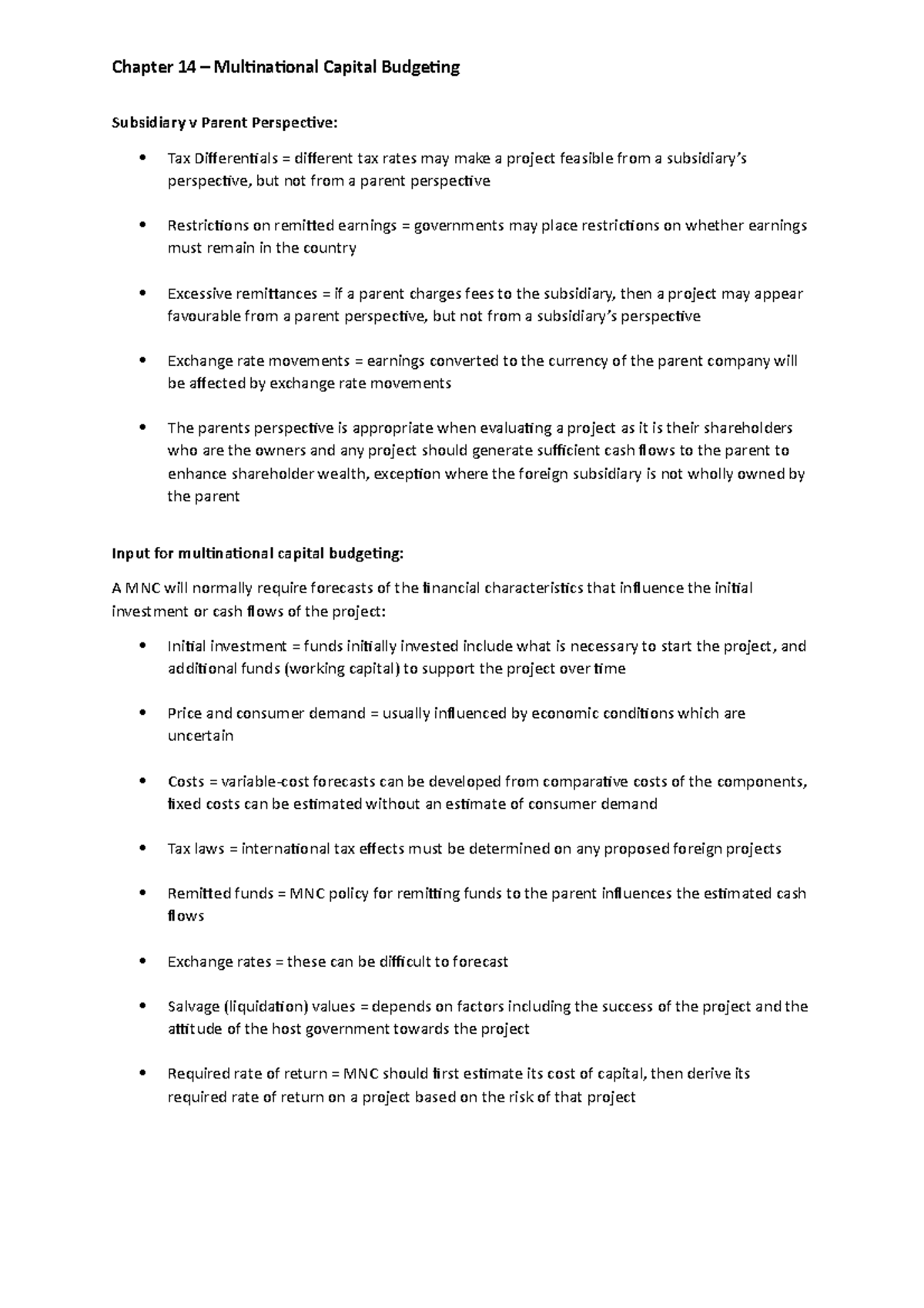 Chapter 14 - Multinational Capital Budgeting - Subsidiary v Parent ...