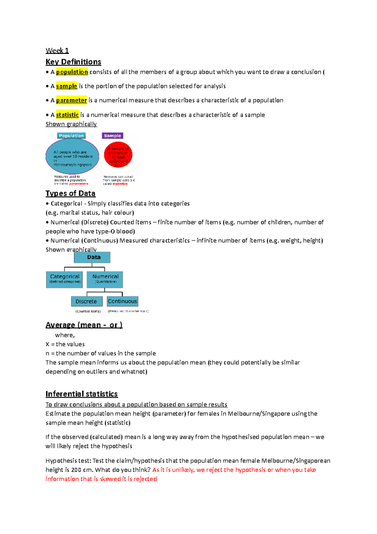 Notes - Week 1 Key Definitions A population consists of all the members ...