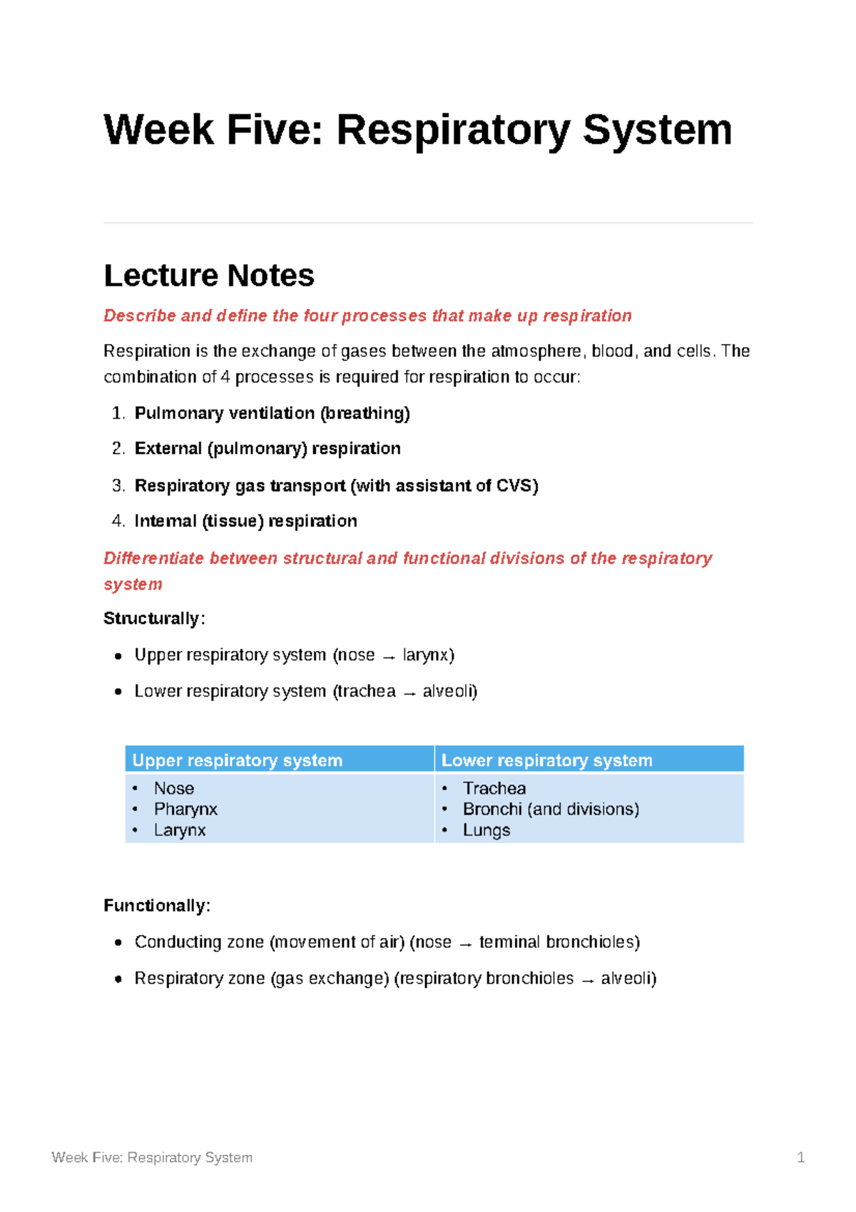 LQB185 Respiritory System - Week Five: Respiratory System Lecture Notes ...