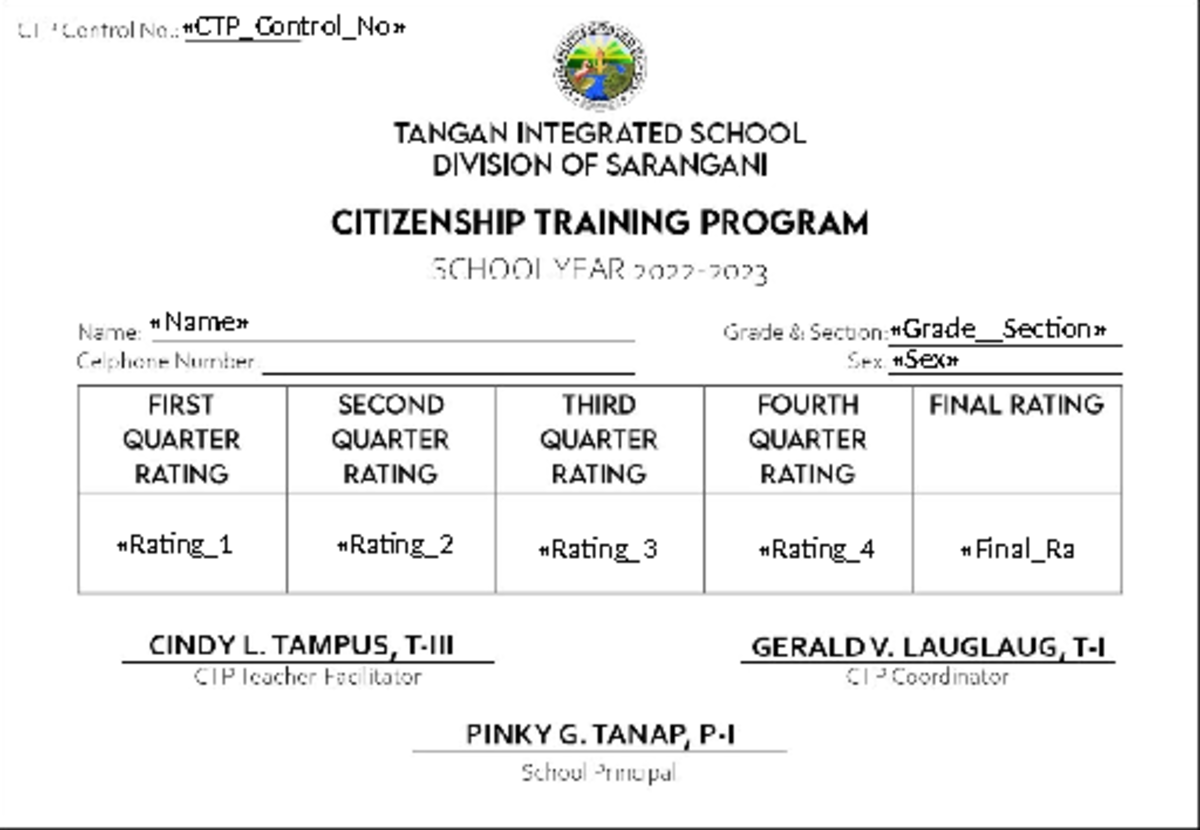 CTP Template - CTP Control No.: INTEGRATED SCHOOL TANGAN INTEGRATED ...