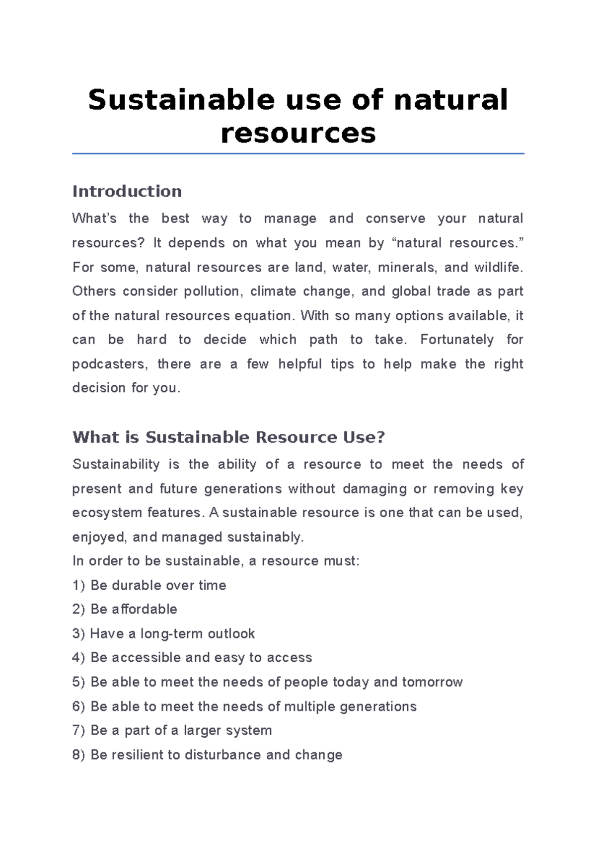 Sustainable use of natural resources - Sustainable use of natural ...