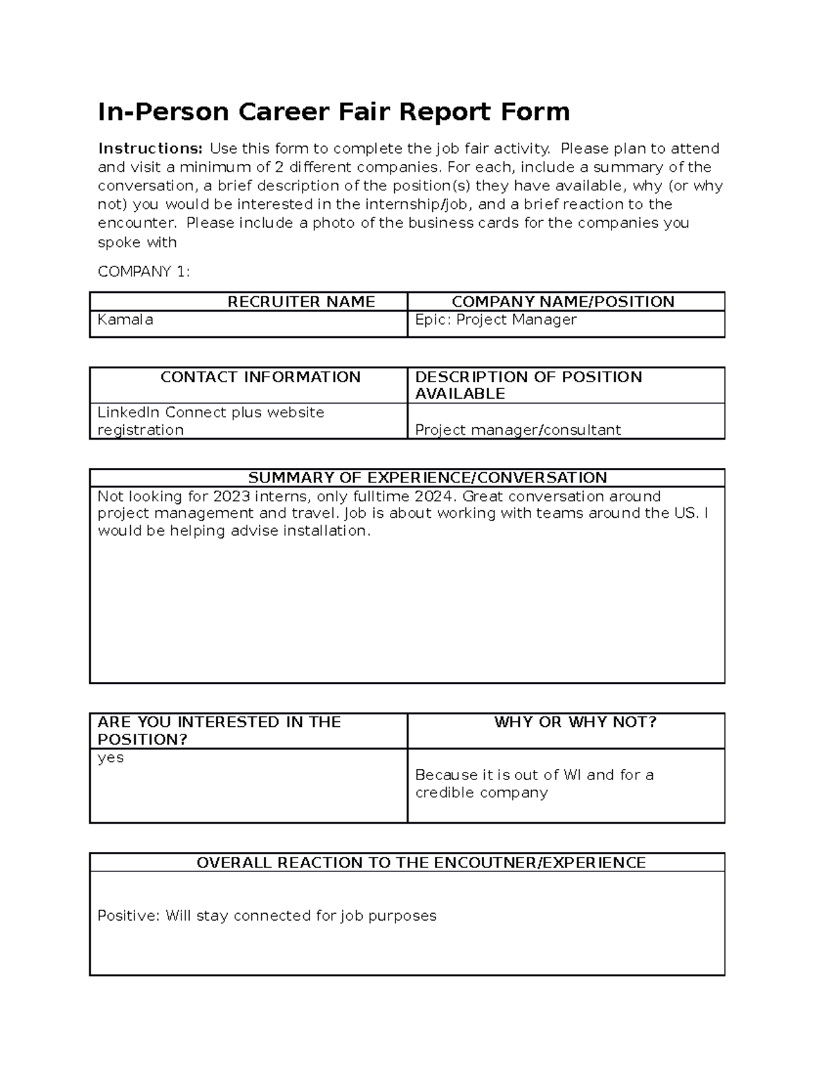 In Person Career Fair Assignment - In-Person Career Fair Report Form ...