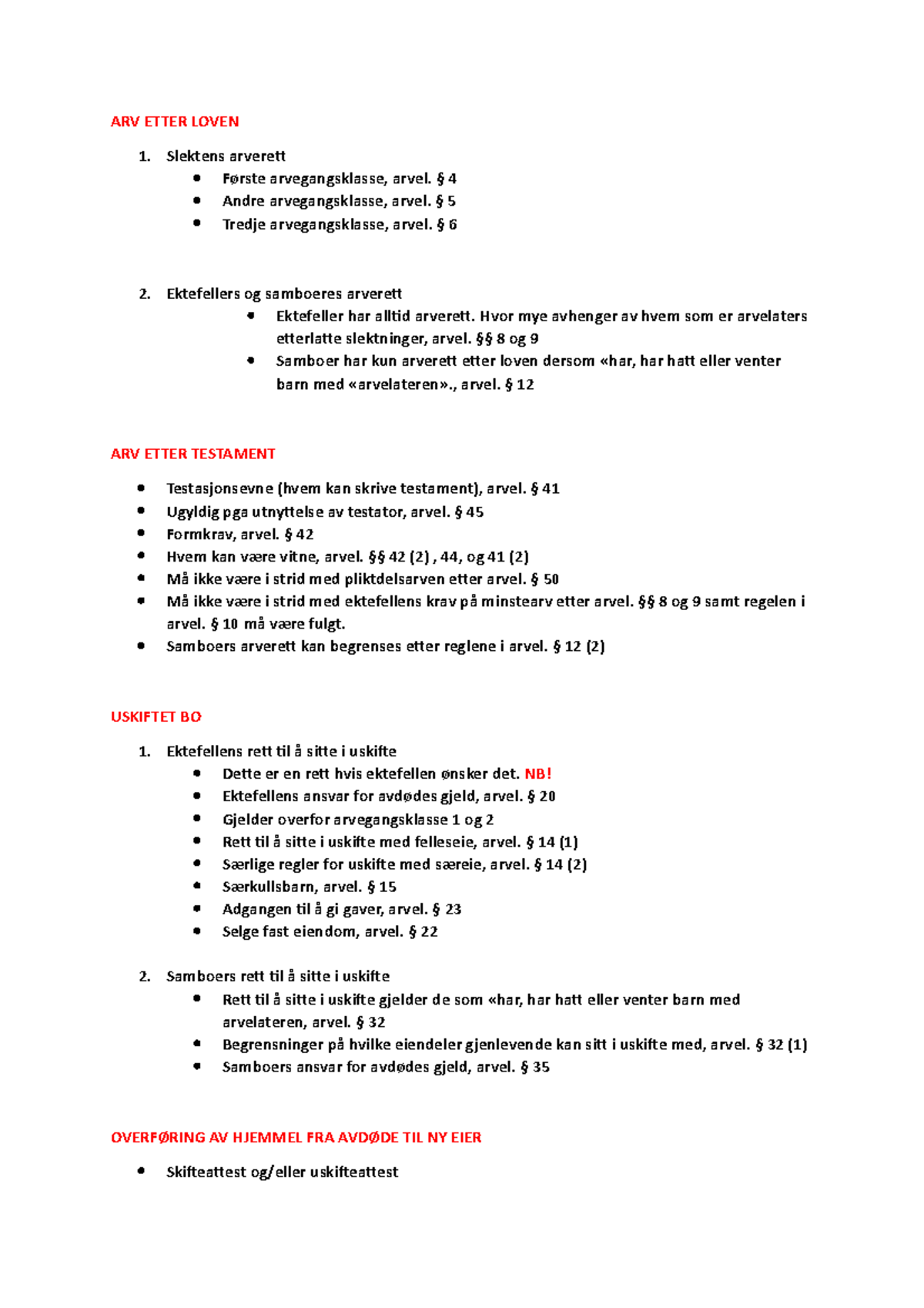 Oversikt Over Arveretten - ARV ETTER LOVEN Slektens Arveret Første ...
