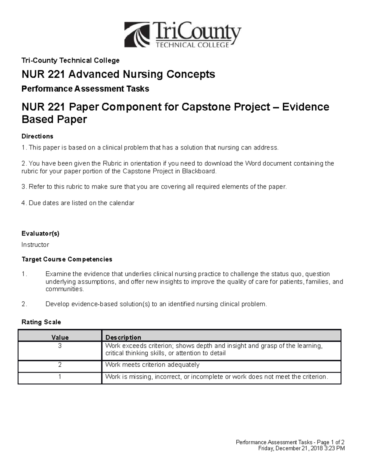 EBP Research Paper Rubric TriCounty Technical College NUR 221