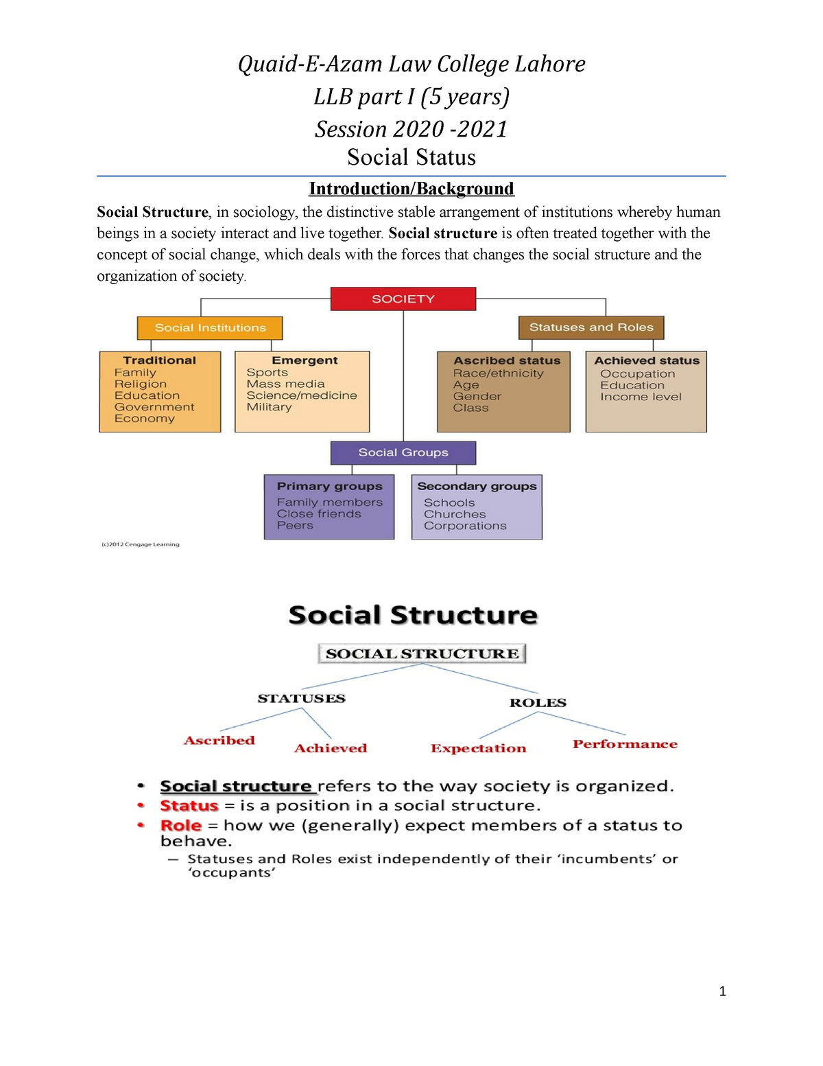 Social Status regarding law LLB part I (5 years) Session 2020