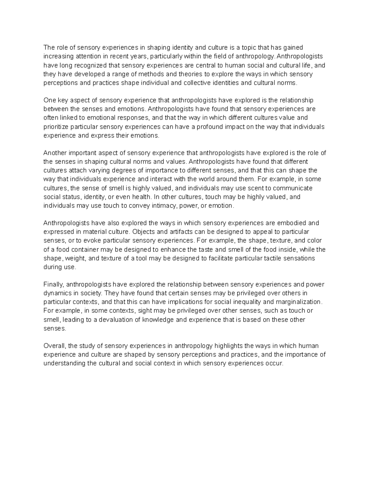 The role of sensory experiences in shaping identity and culture ...