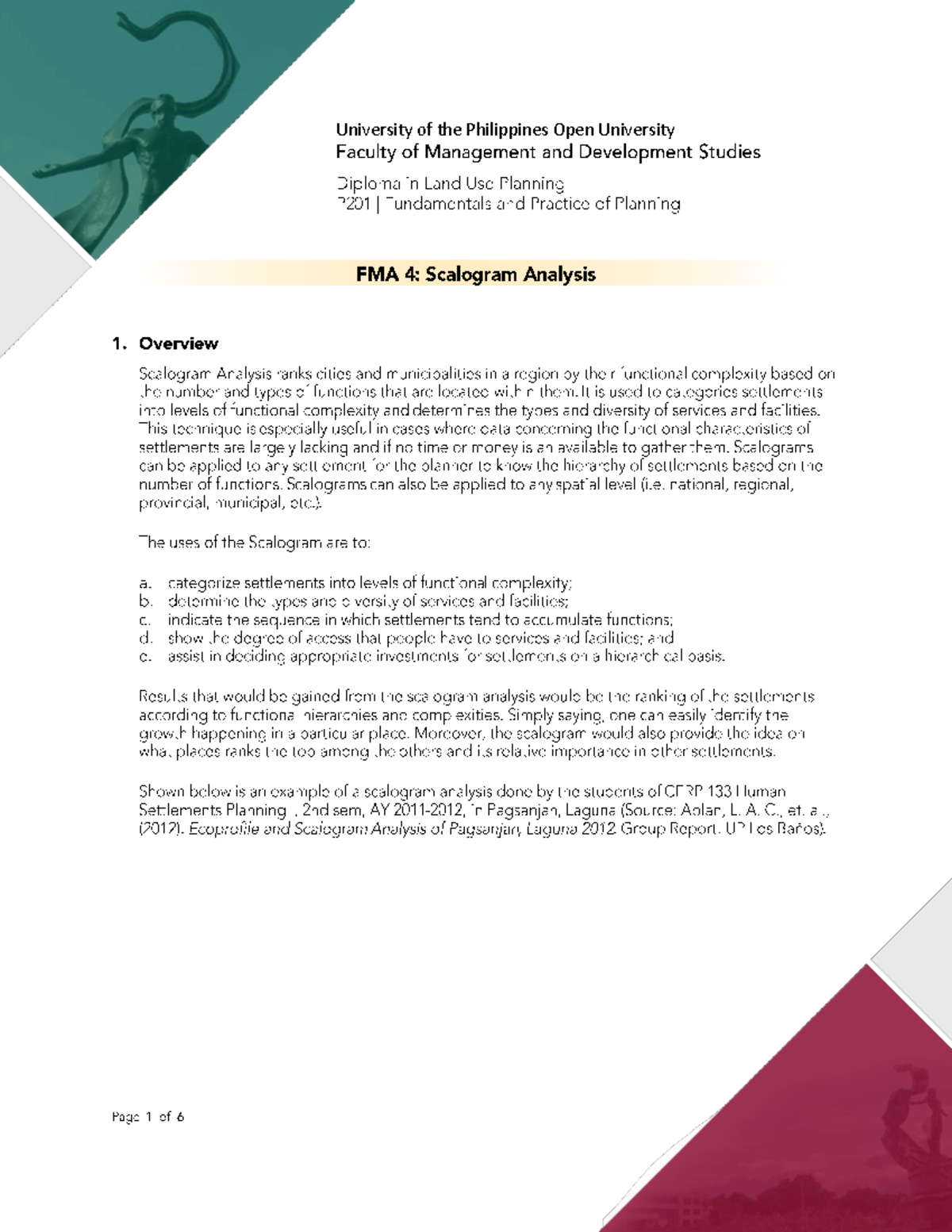 FMA 4 Scalogram Analysis Specific Instructions Diploma in Land Use