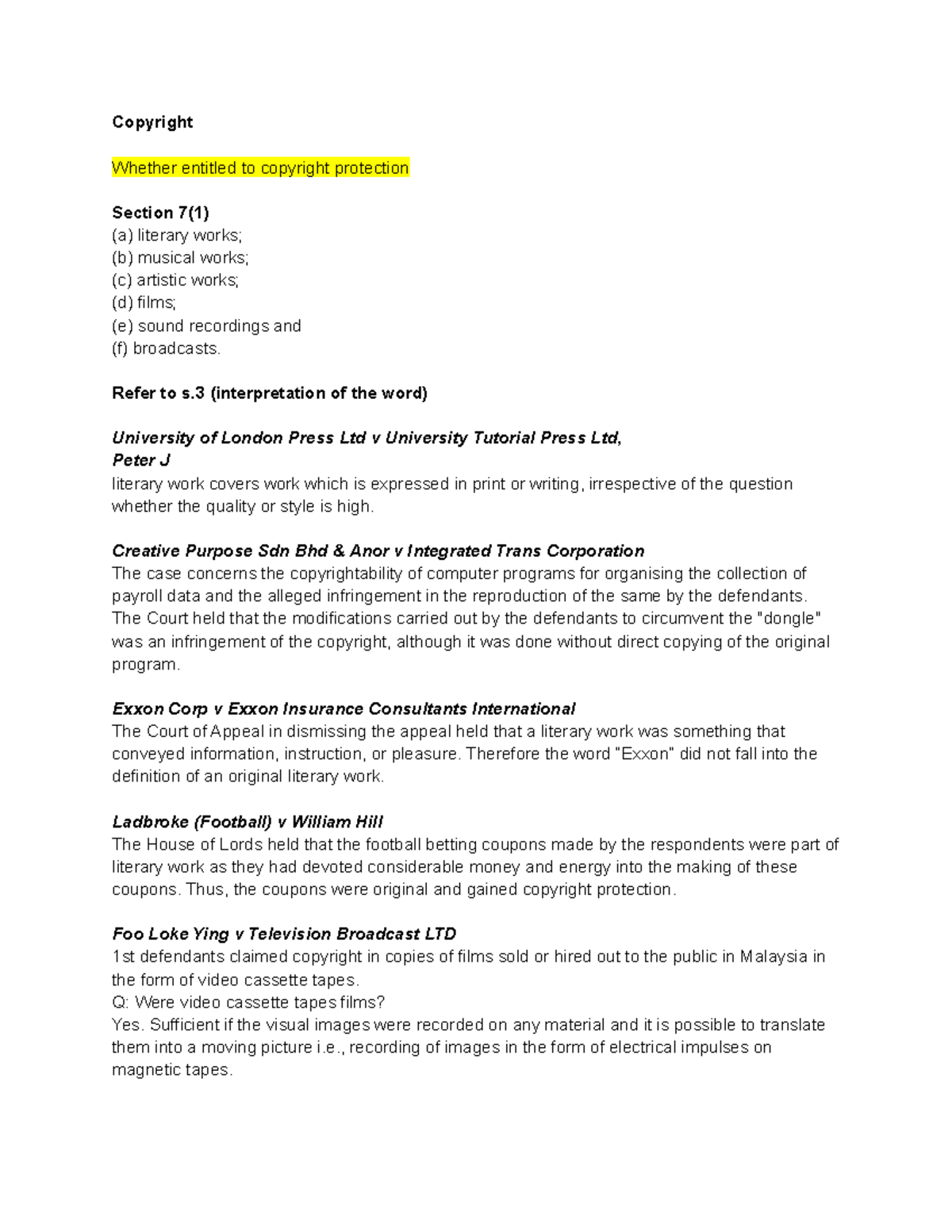 Copyright Answer sheet - Copyright Whether entitled to copyright ...