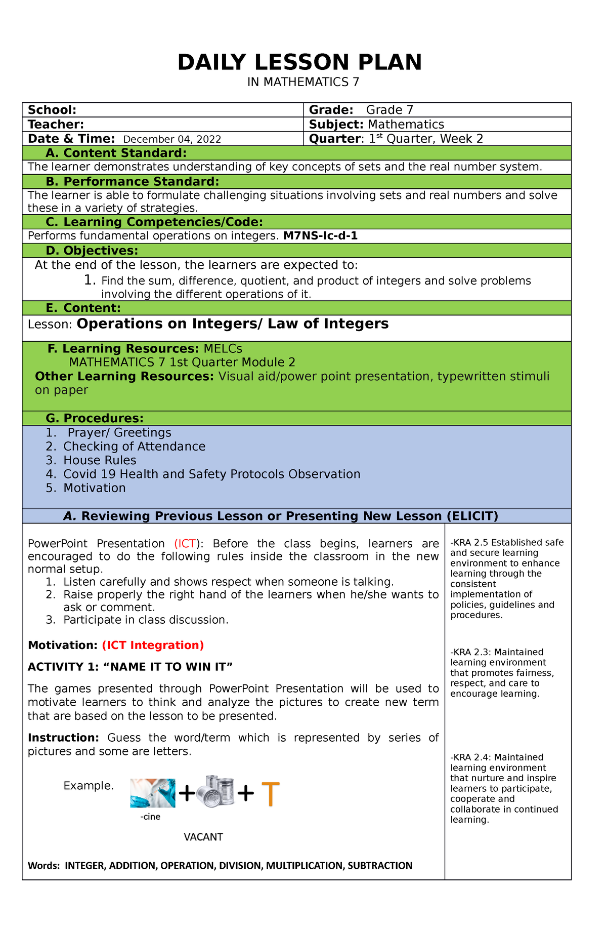 Lesson PLAN Lesson Plan DAILY LESSON PLAN IN MATHEMATICS 7 School 