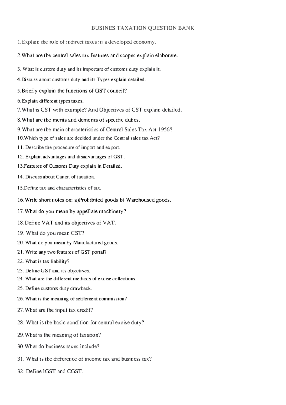 BT important questions - BUSINES TAXATION QUESTION BANK 1 the role of ...