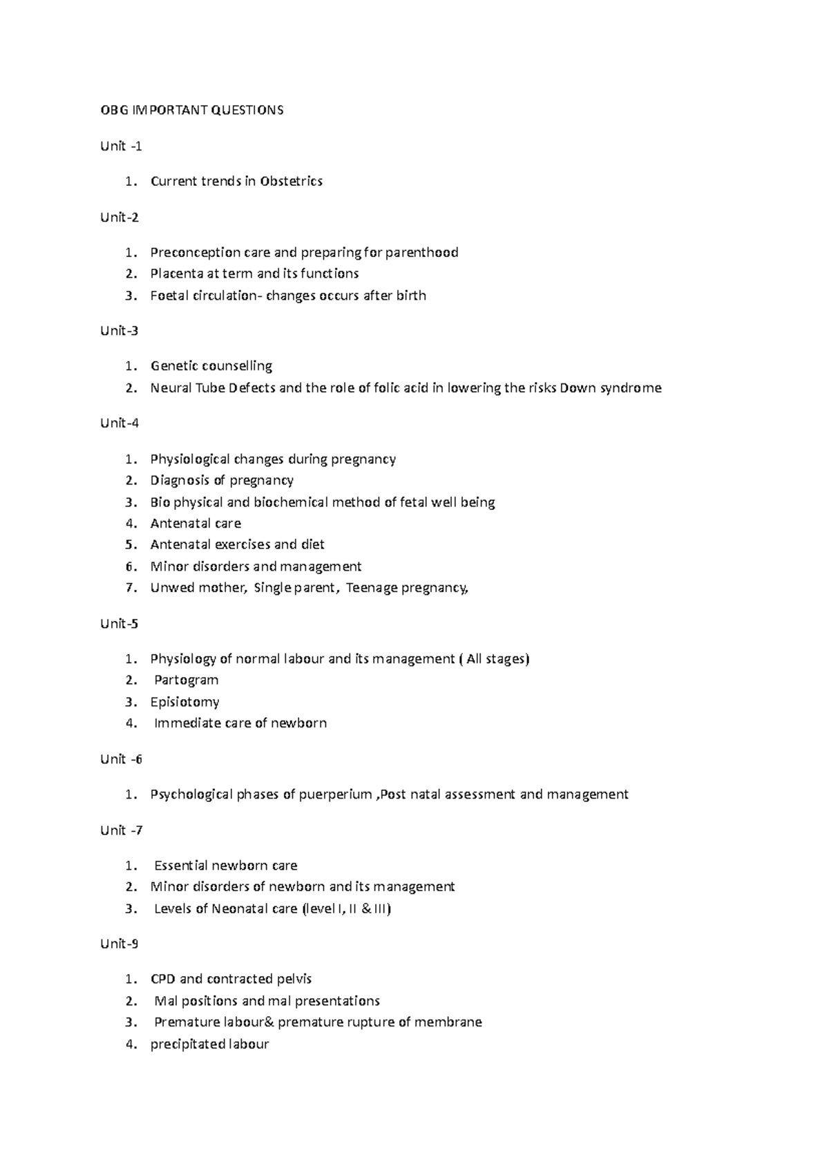 OBG Important Questions - OBG IMPORTANT QUESTIONS Unit - 1. Current ...