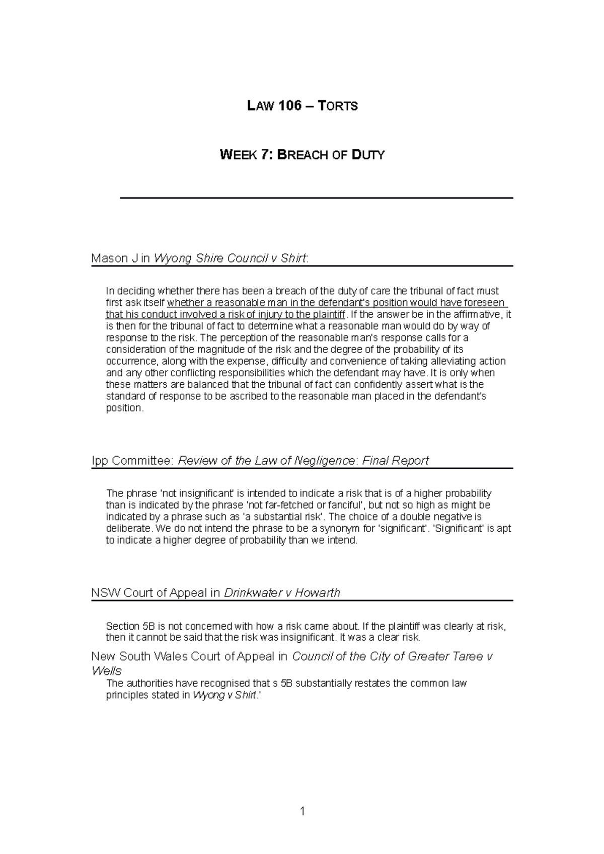 Breach Handout 2022 - notes given by torts lecturer - LAW 106 – TORTS ...