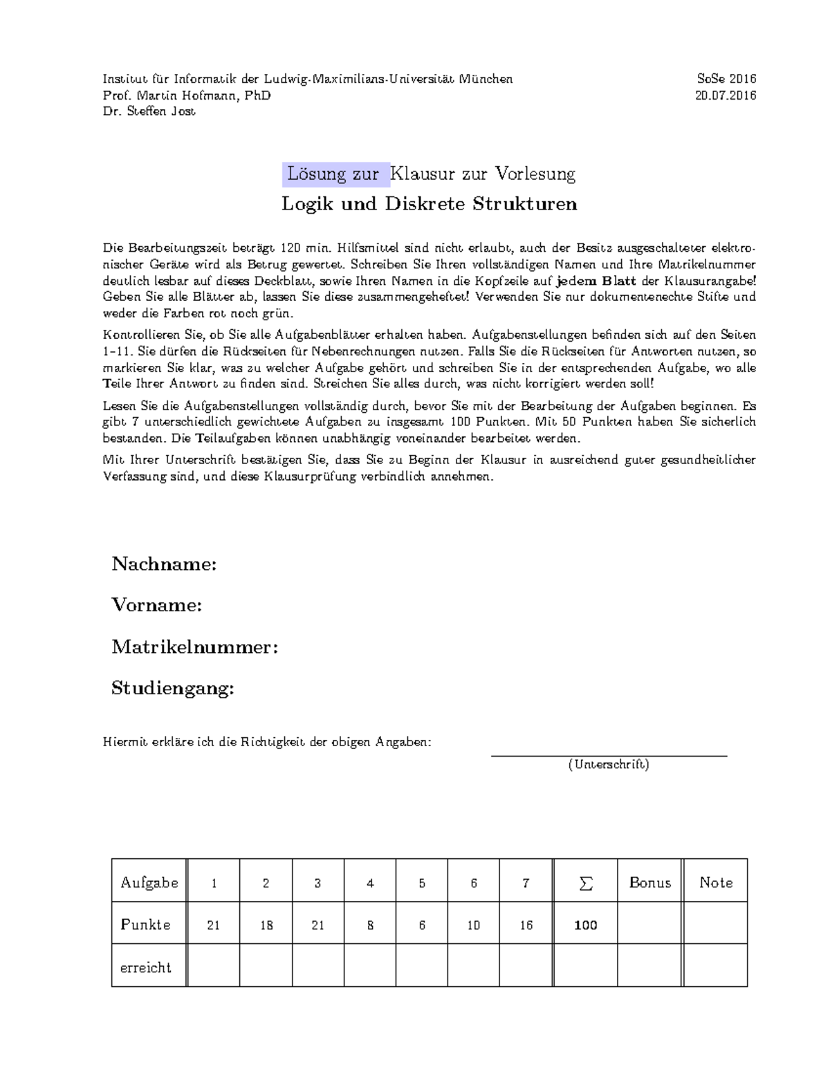 Ludwig-maximilians-universität München Institut Für Informatik LDS Klausur SS 16 Lösung - Institut f ̈ ur Informatik der Ludwig