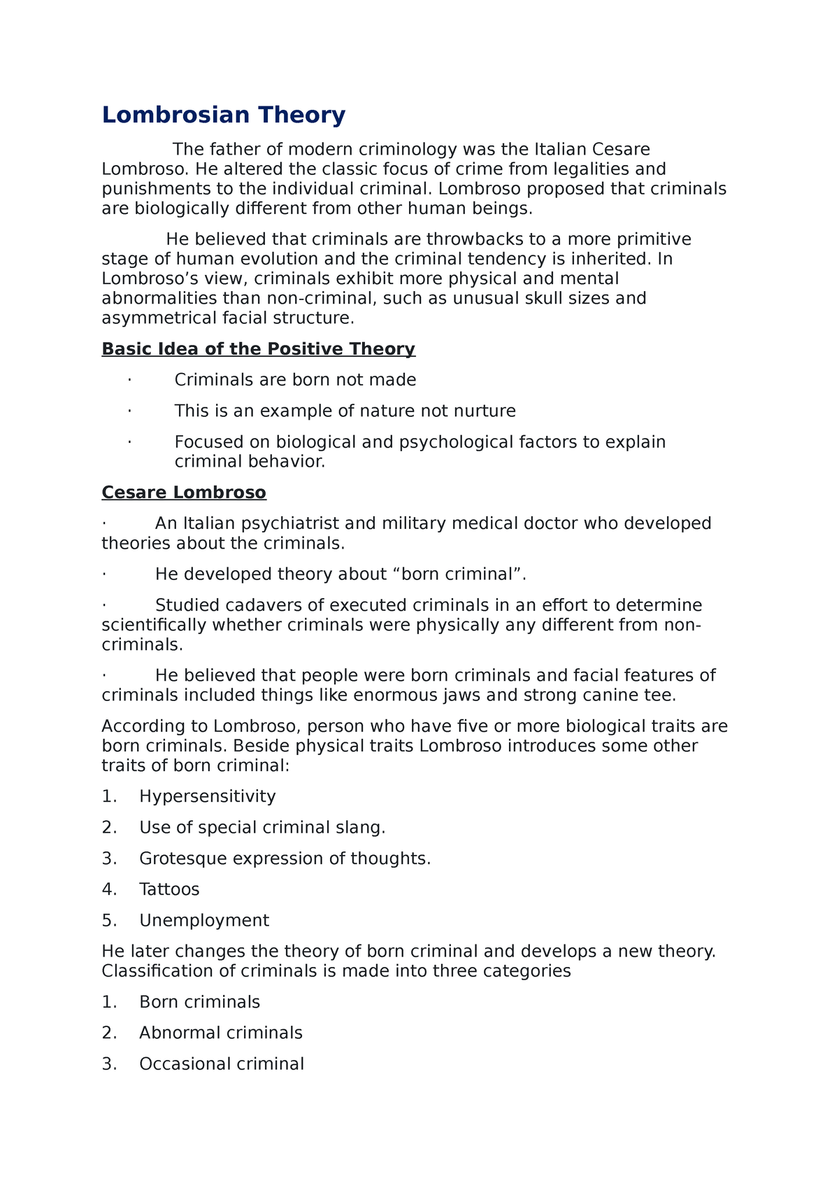 CRIM2 Week 4 Lombrosian Theory - Lombrosian Theory The Father Of Modern ...