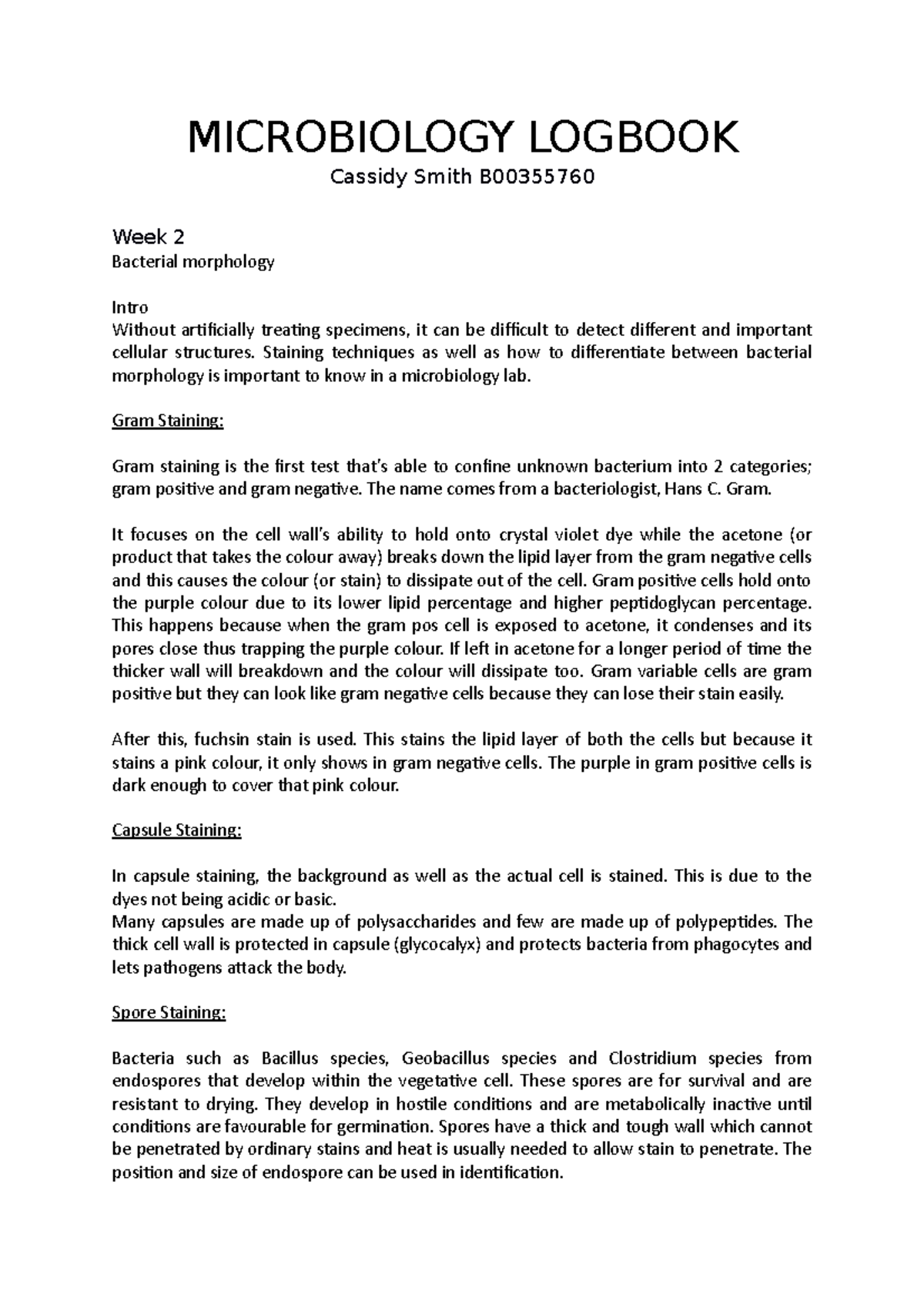 Microbiology logbook MICROBIOLOGY LOGBOOK Cassidy Smith B Week 2