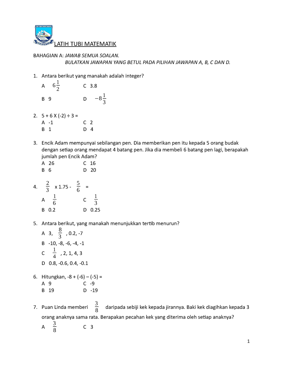 Latih TUBI Matematik - LATIH TUBI MATEMATIK BAHAGIAN A: JAWAB SEMUA ...