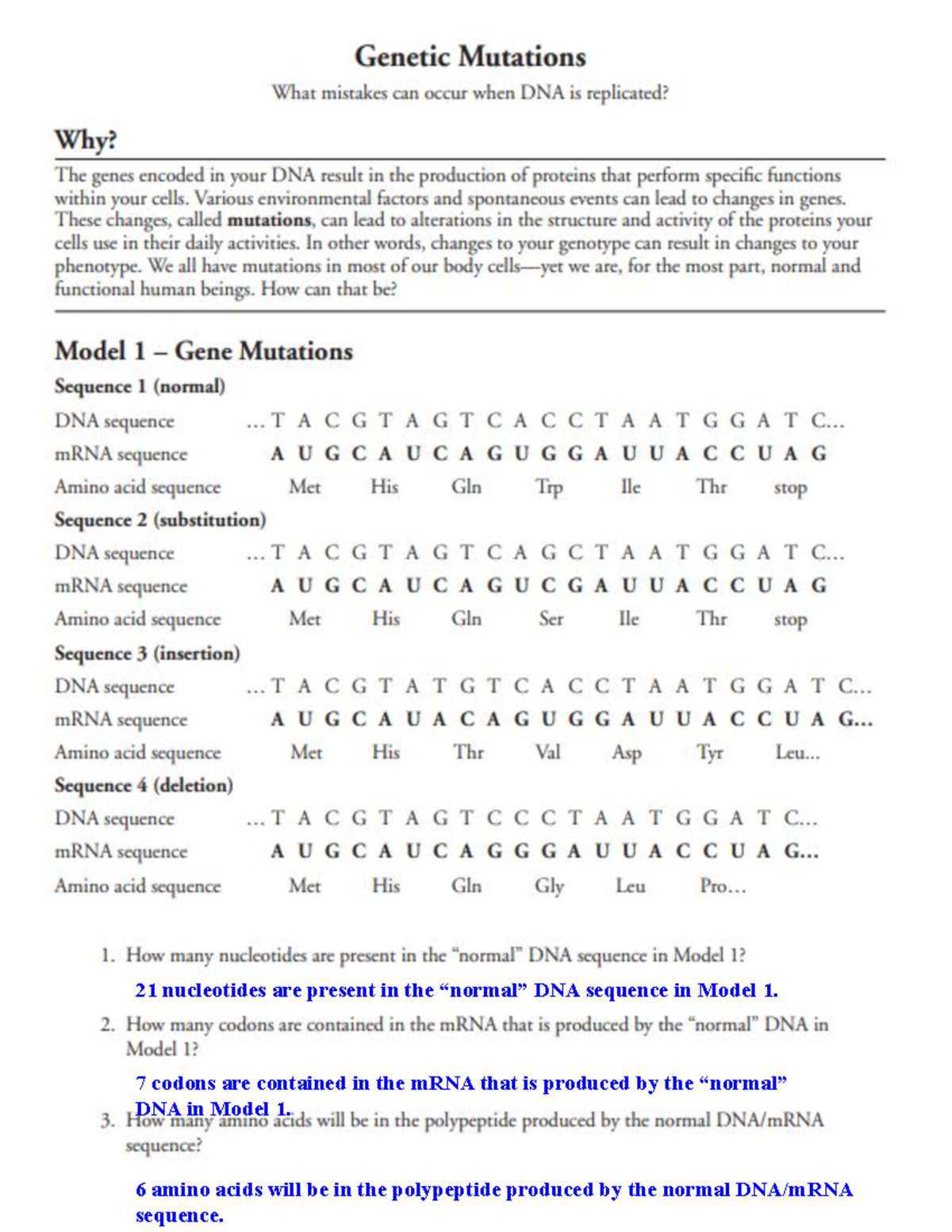 Pogil - Mutations - 21 nucleotides are present in the “normal” DNA ...