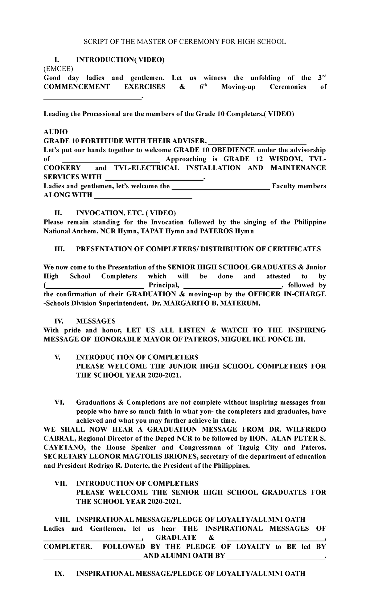 Script secondary 2021virtual - SCRIPT OF THE MASTER OF CEREMONY FOR ...
