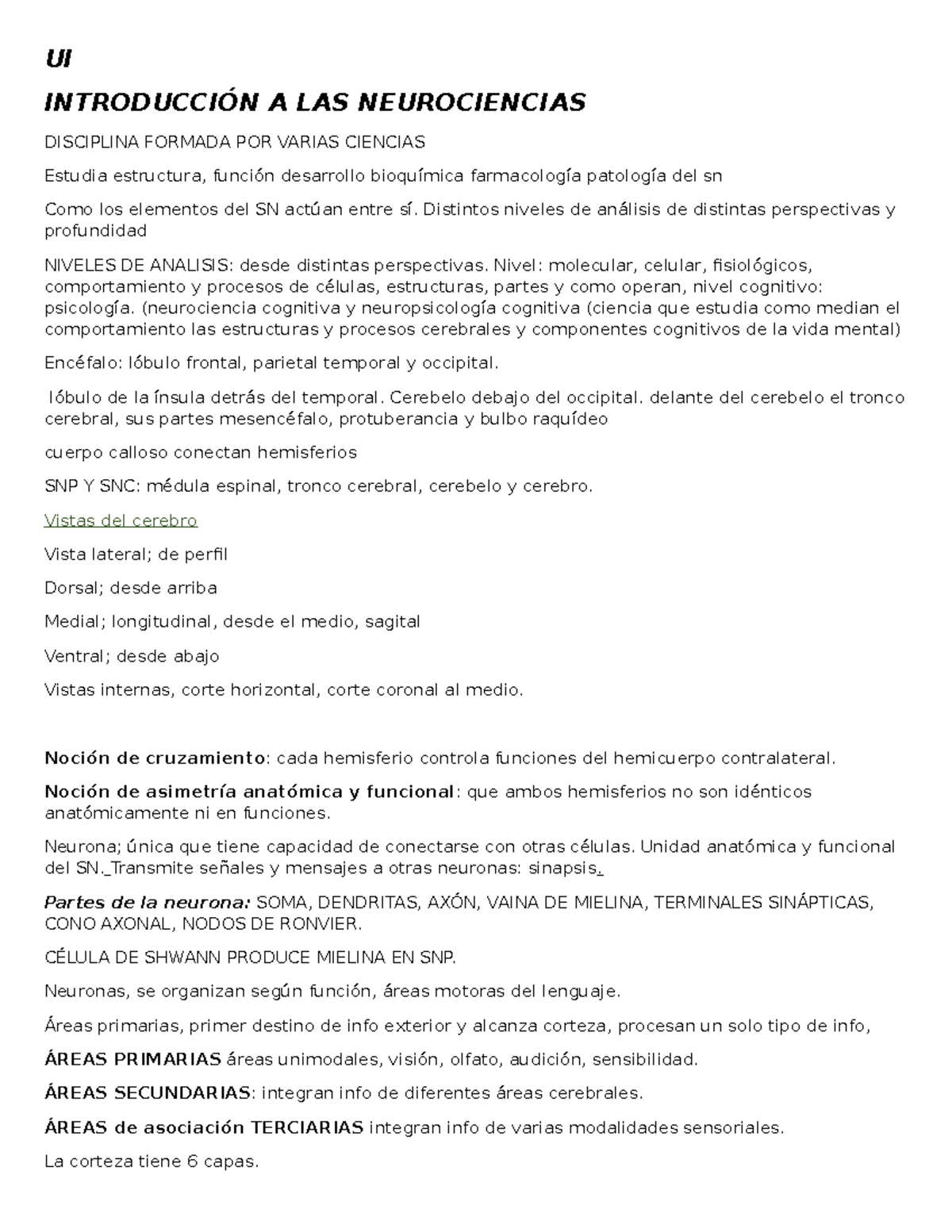 Resumen neuro I Primer Parcial - UI INTRODUCCIÓN A LAS NEUROCIENCIAS ...