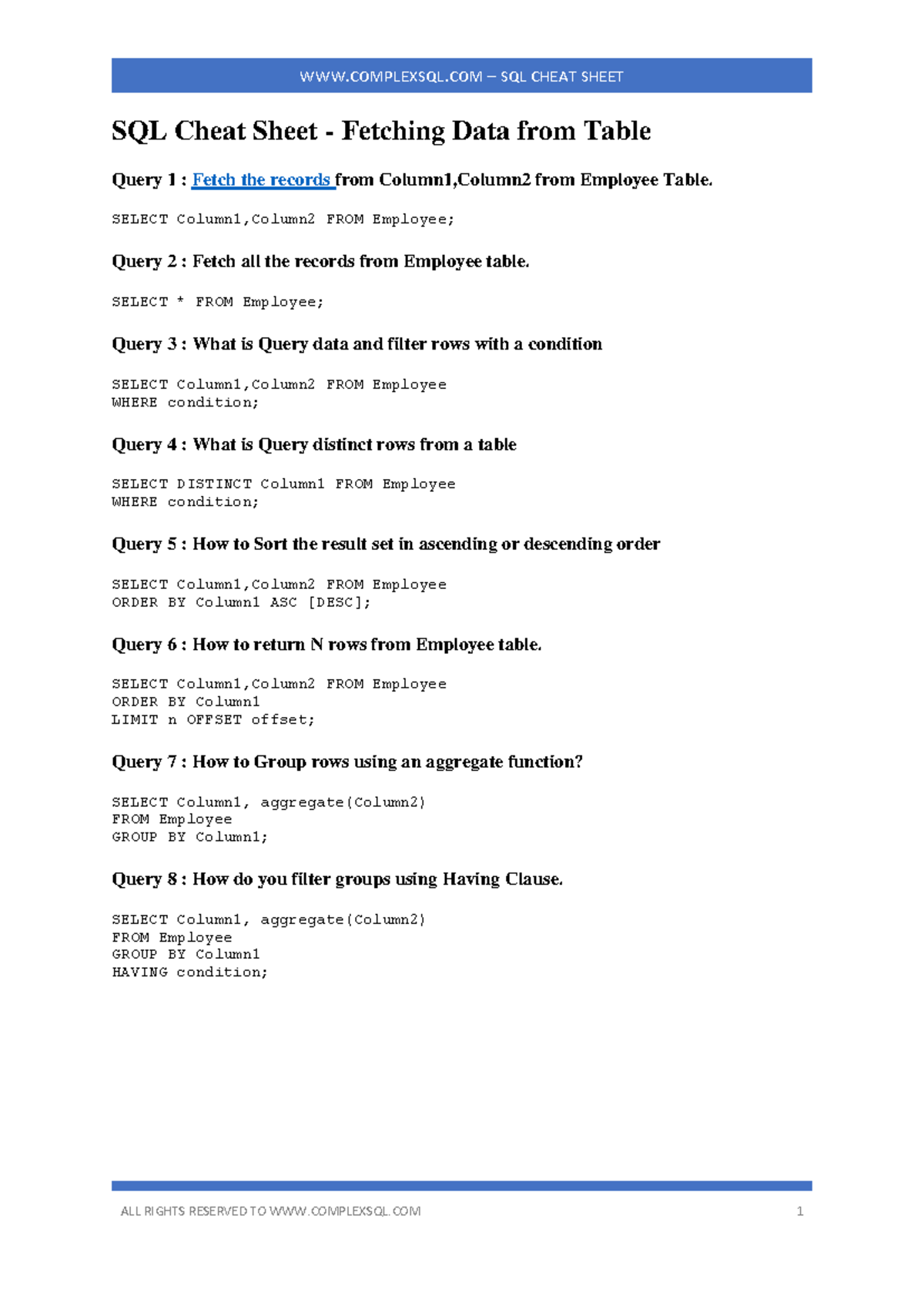 SQL-Cheat-Sheet - SQL Cheat Sheet - Fetching Data from Table Query 1 ...