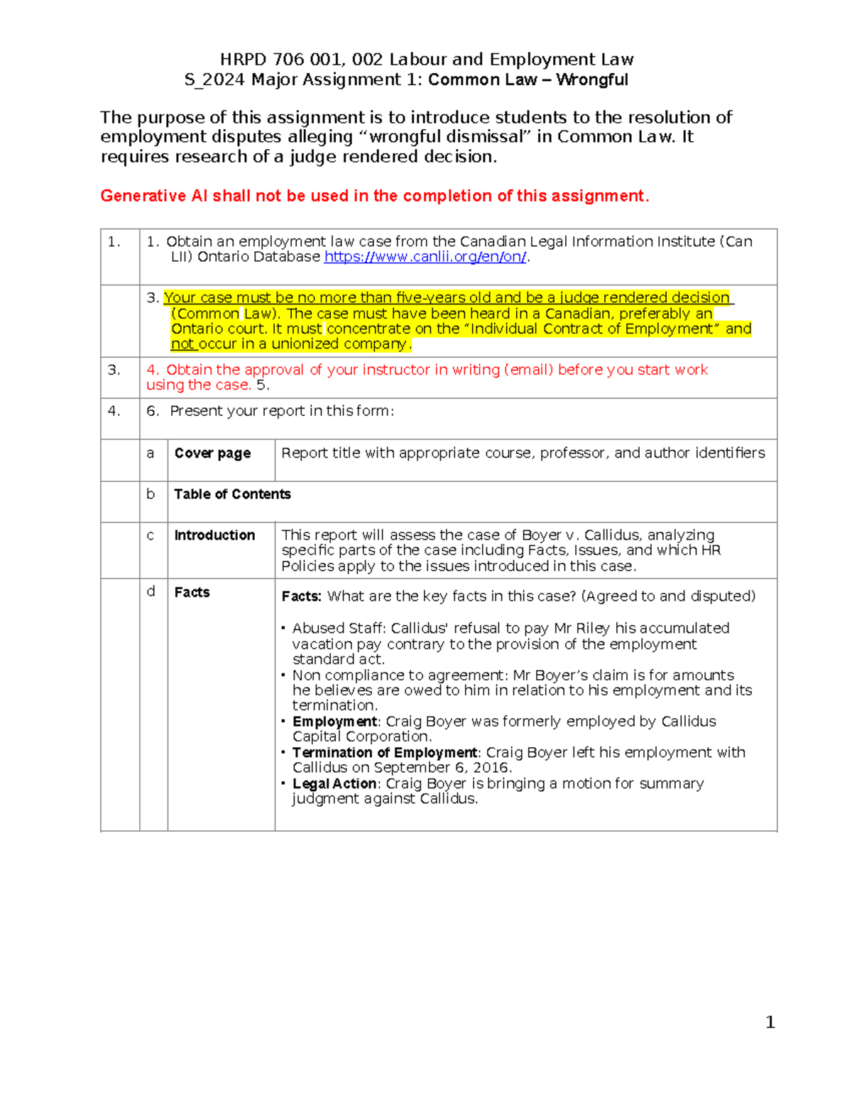 Wrongful Dismissal Case - S_2024 Major Assignment 1: Common Law ...