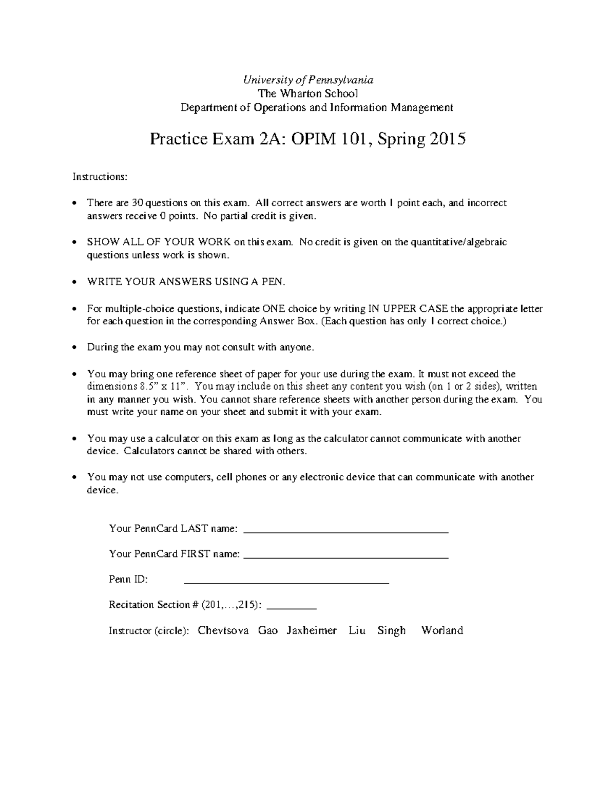 OPIM 101 Spring 2015 Practice Exam 2A - University of Pennsylvania The ...