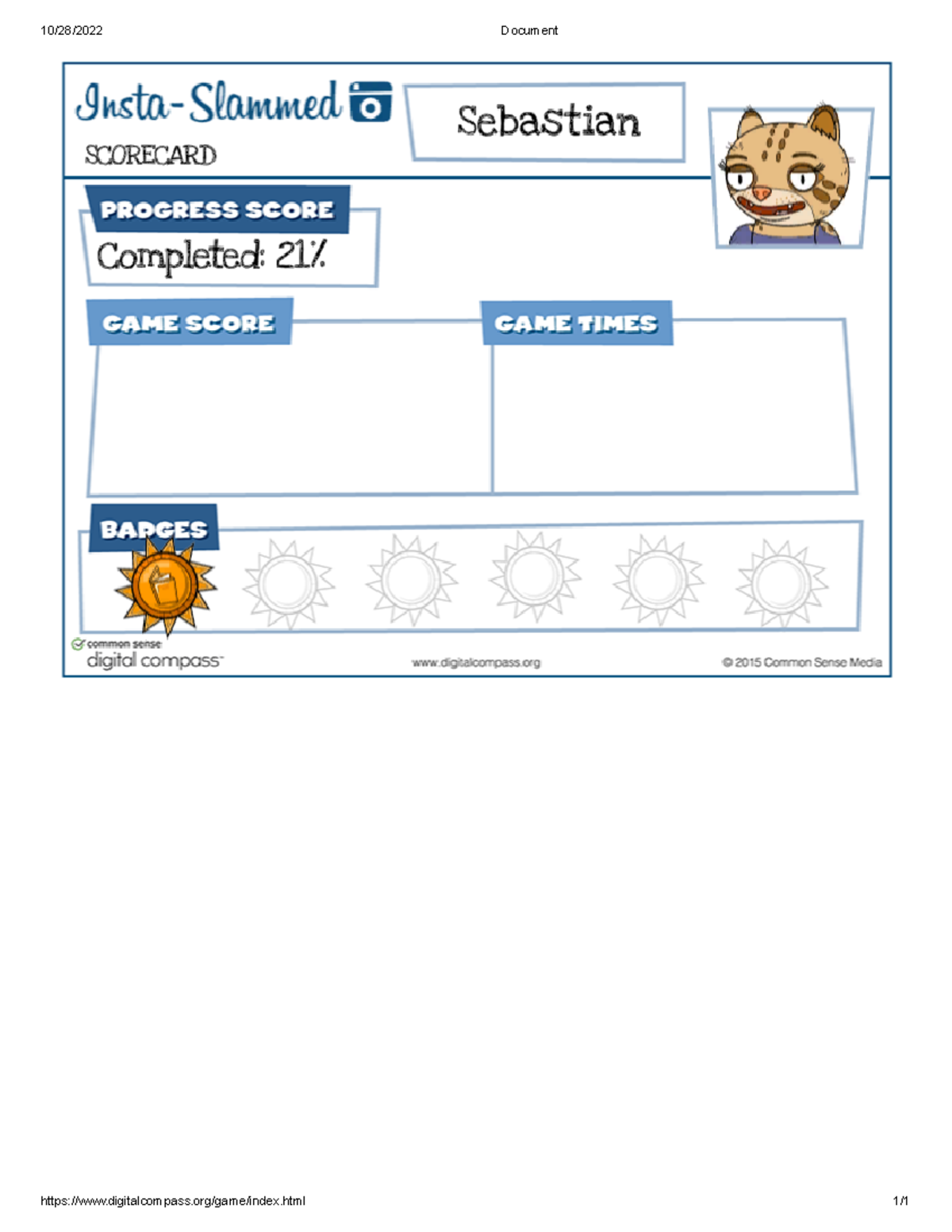 Common Sense Digital Compass Game ITS 300 10/28/2022 Document