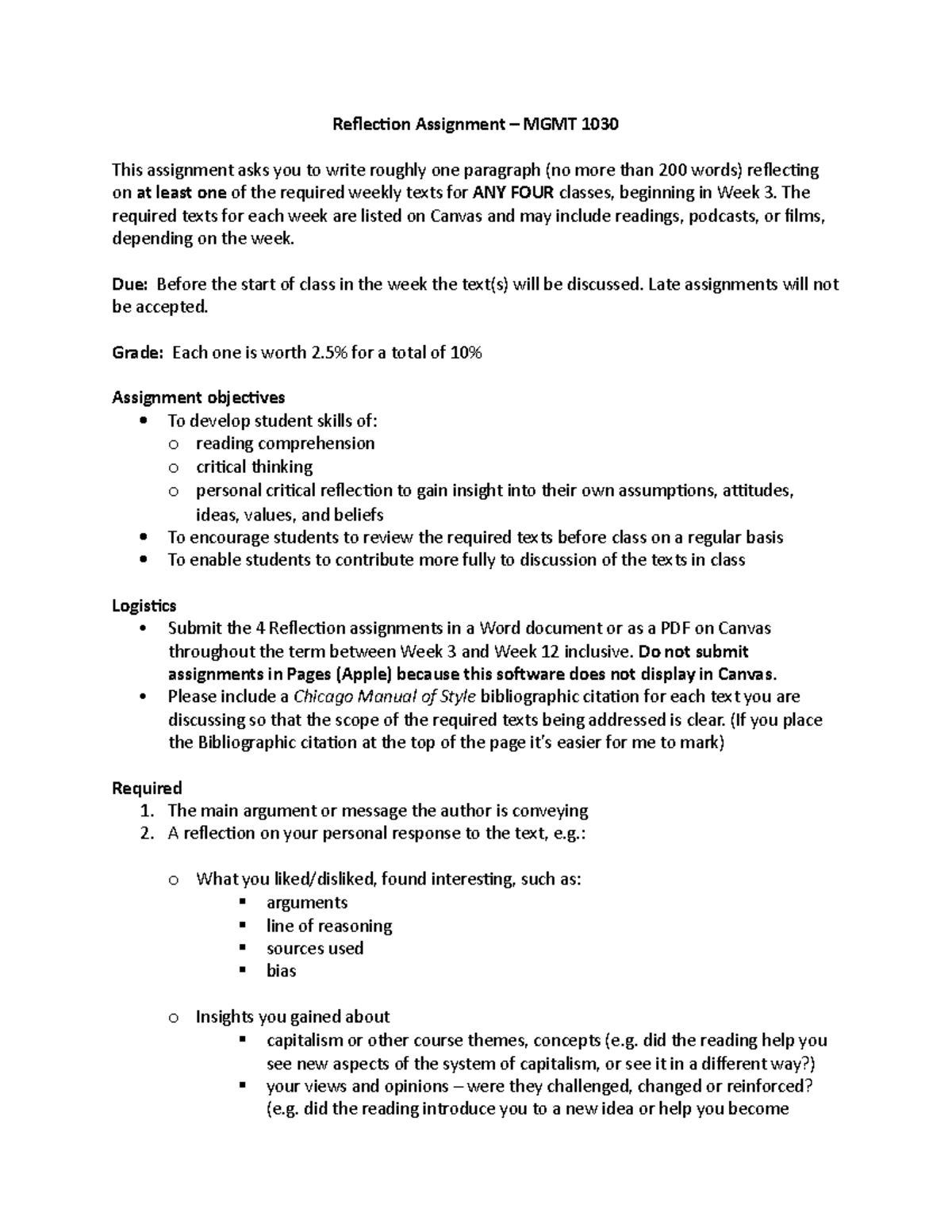 Reflection assignment instructions-Winter 2021 - Reflection Assignment ...