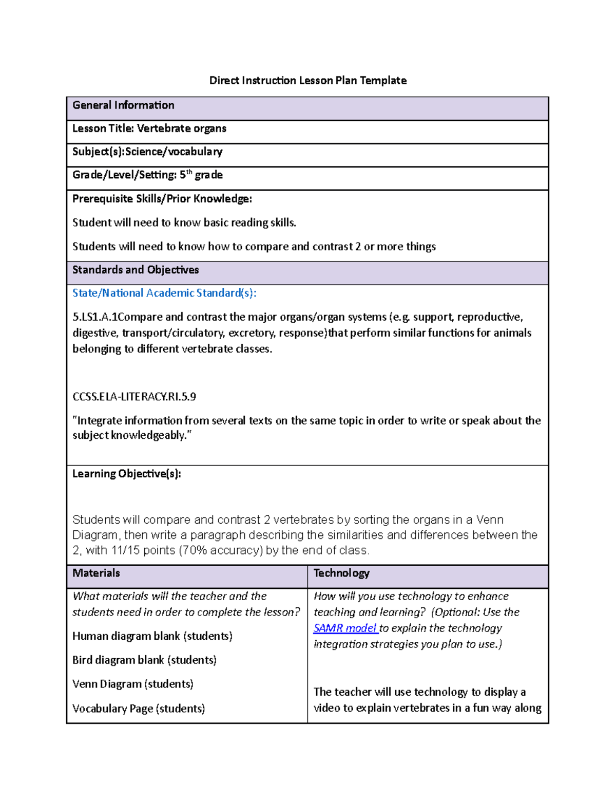 C 732 task 1 vocab Science lesson plan - Direct Instruction Lesson Plan ...