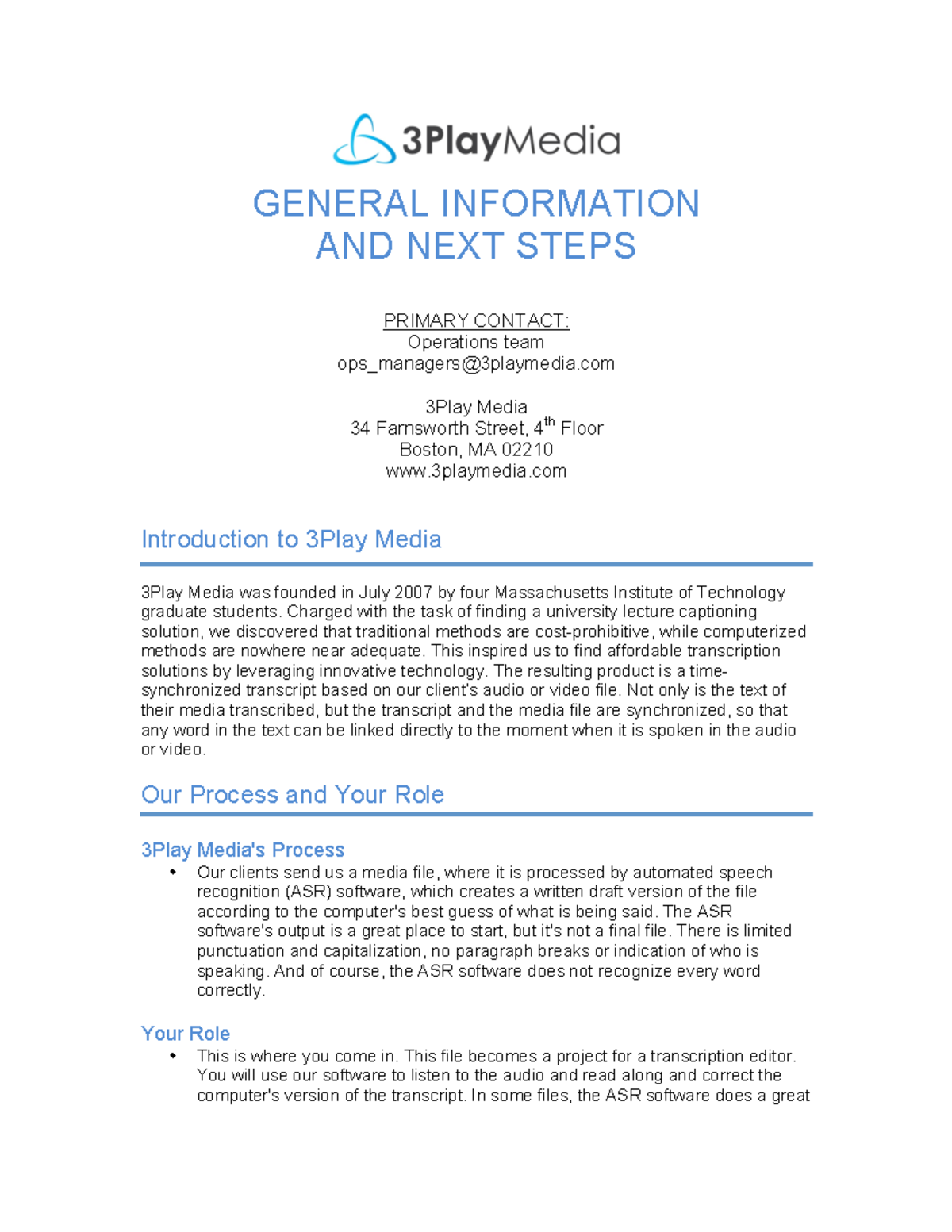 3Play Media Contractor Introduction Information - GENERAL INFORMATION ...