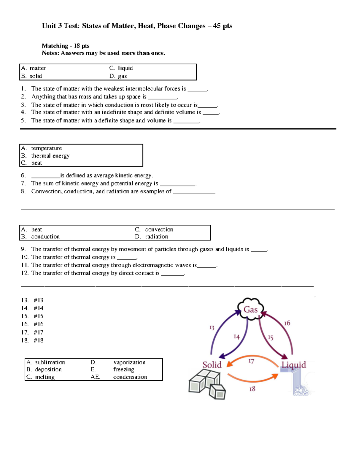 Matter Energy Heat Test - Unit 3 Test: States of Matter, Heat, Phase ...