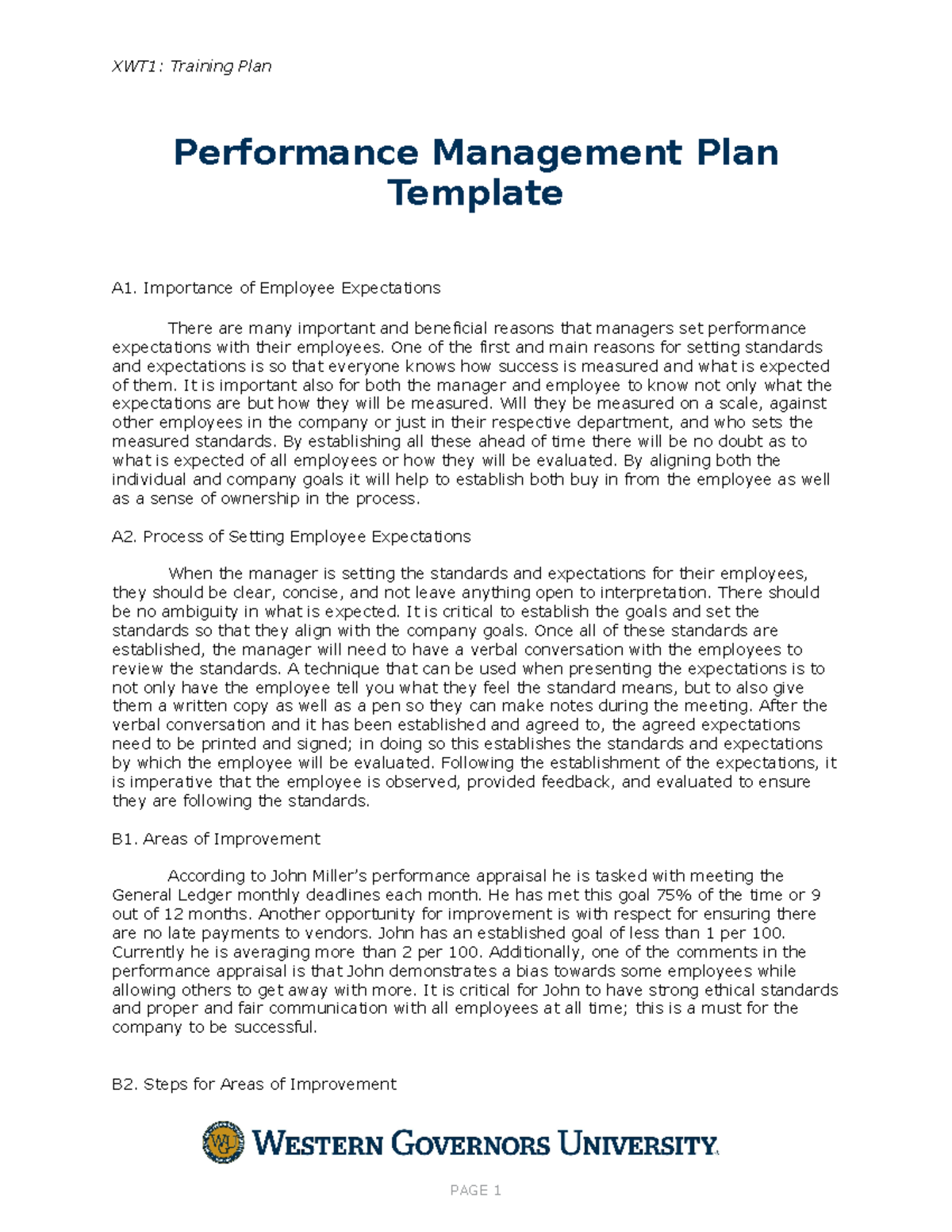 C235 Task 2 Performance Management Plan - XWT1: Training Plan ...