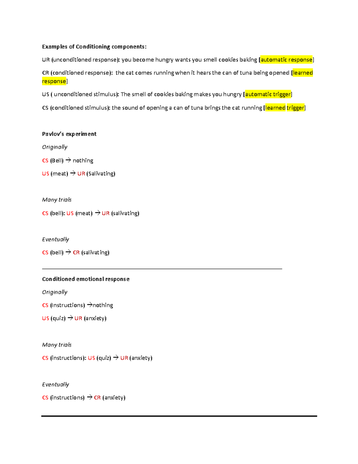 L (conditioning and learning) - Examples of Conditioning components: UR ...