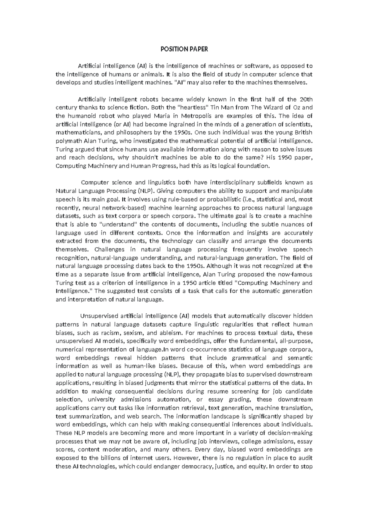 KURT - lecture type based - POSITION PAPER Artificial intelligence (AI ...