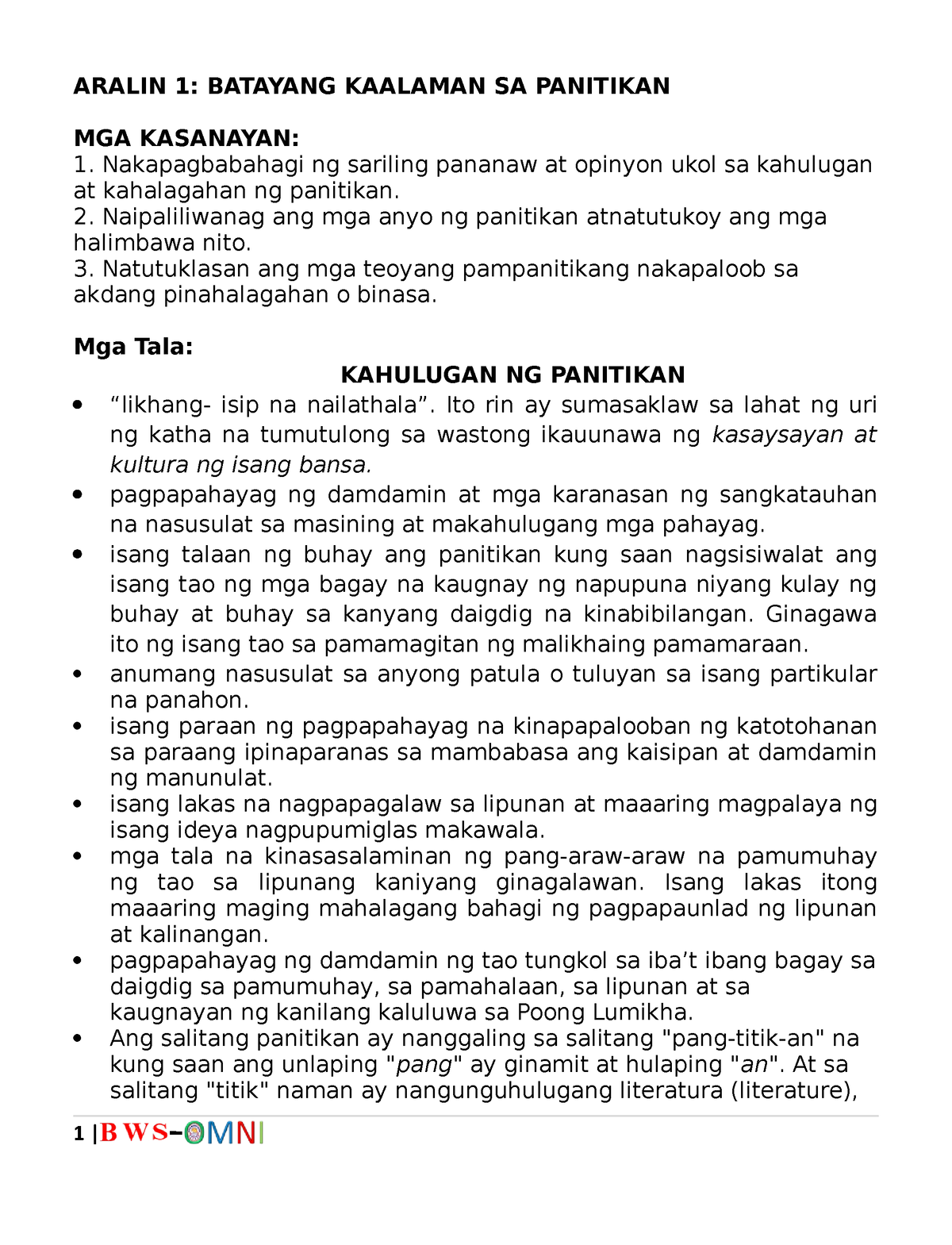 Module 1 - ARALIN 1: BATAYANG KAALAMAN SA PANITIKAN MGA KASANAYAN ...